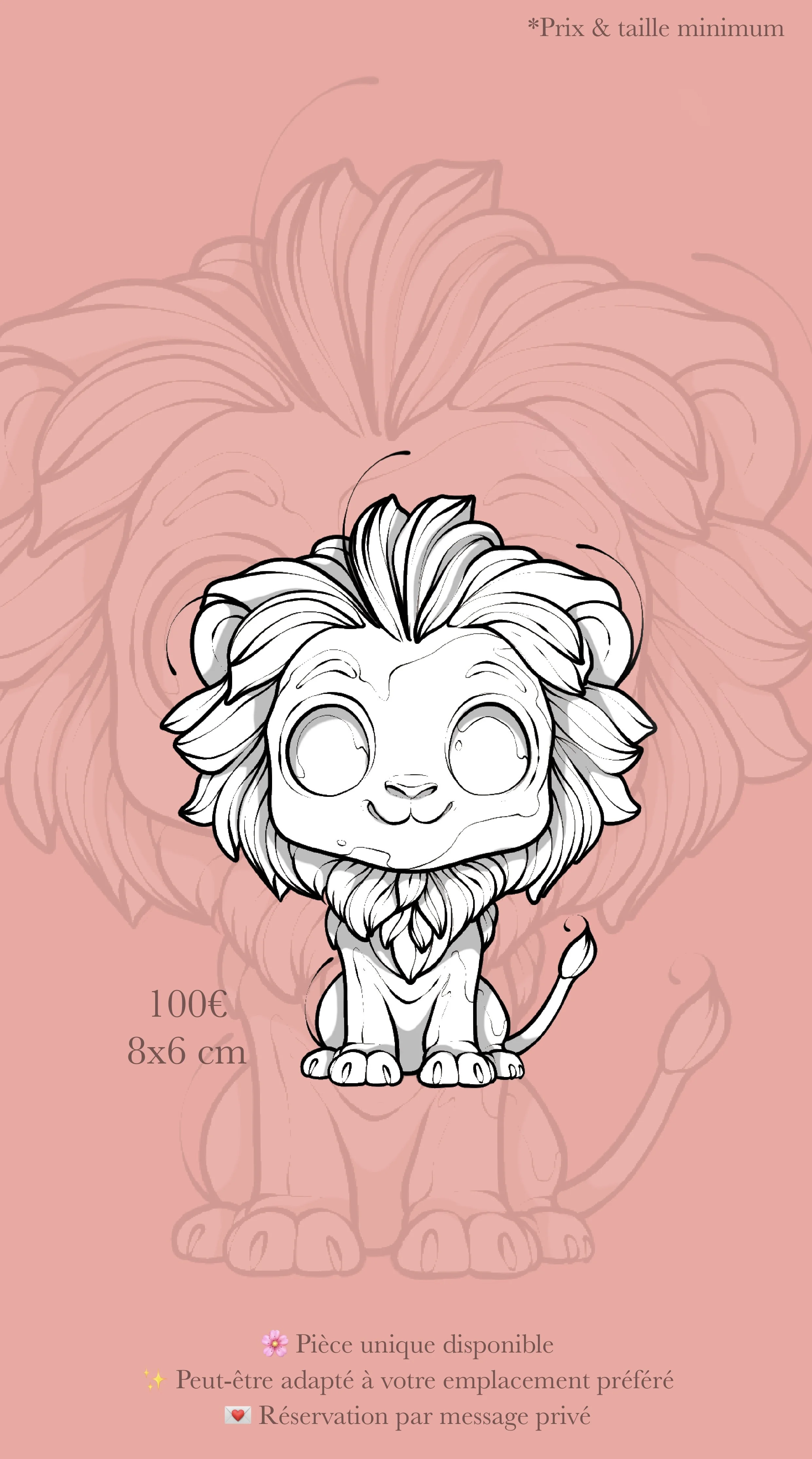 Une illustration d'un lion stylisé pour la création de bijoux, avec détails du visage et de la crinière, sur un fond rose avec texte en français indiquant le prix, la taille, la disponibilité, et les options de réservation.