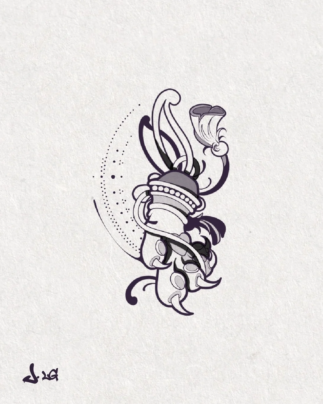 Dessin noir et blanc d'une créature marine avec un élément décoratif en forme de coquillage ou d'armure, stylisée de manière artistique.