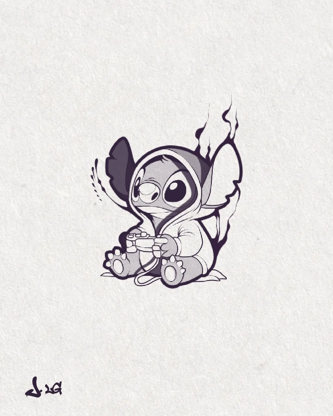 Un dessin d'un petit animal mignon, comme un bébé oiseau ou un chaton, portant une veste à capuche avec des ailes de papillon attachées et jouant à un jeu vidéo.