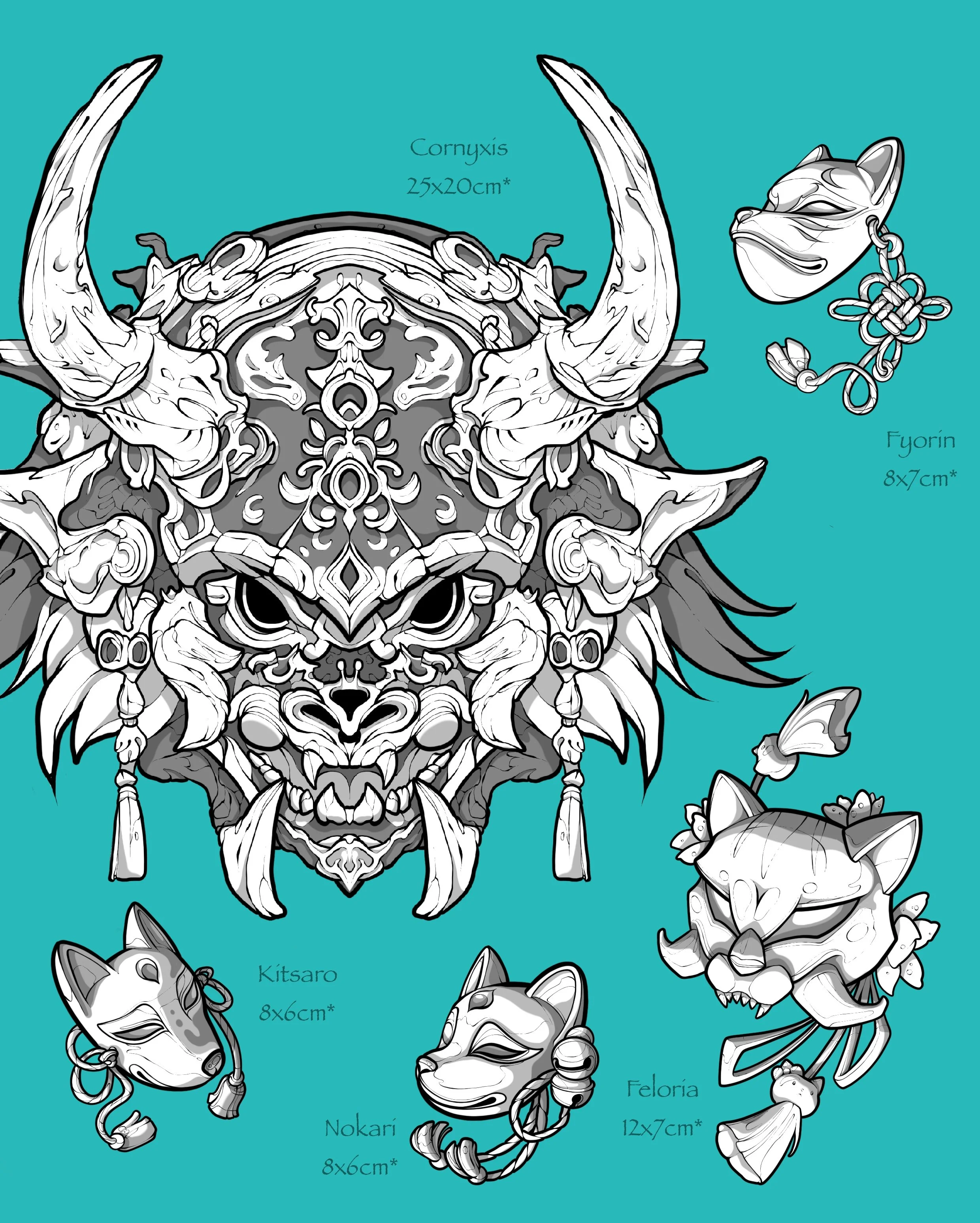 Illustration en noir et blanc de plusieurs objets et accessoires japonais traditionnels, incluant un masque de percussions faciales, un visage de chat, et un masque de démon, avec des dimensions indiquées pour chacun.