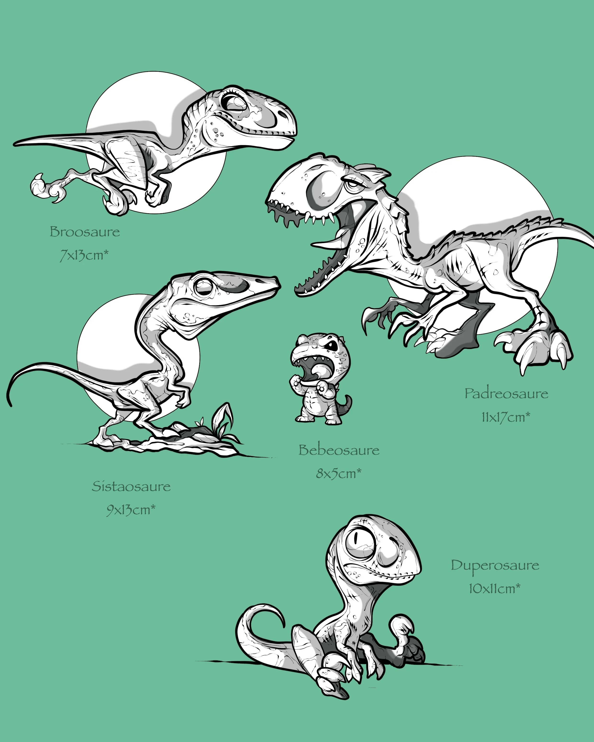 Illustration en noir et blanc de plusieurs dinosaures différentes avec leurs noms et dimensions, sur un fond vert.