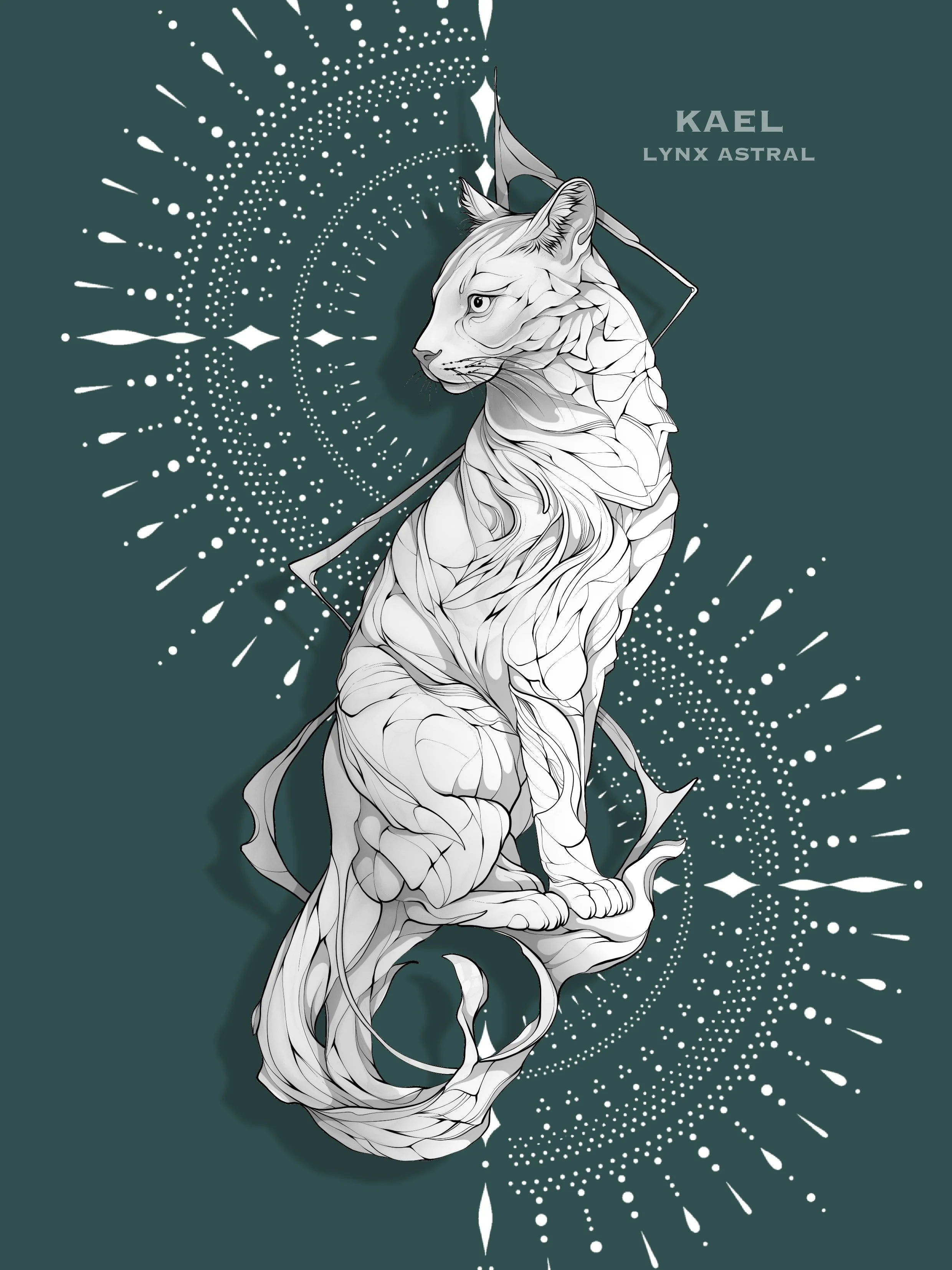 Illustration d'un lynx stylisé en noir et blanc avec un fond décoratif de points et de lignes blanches sur un fond vert foncé. Le texte "KAEL" et "LYNX ASTRAL" est en haut à droite.