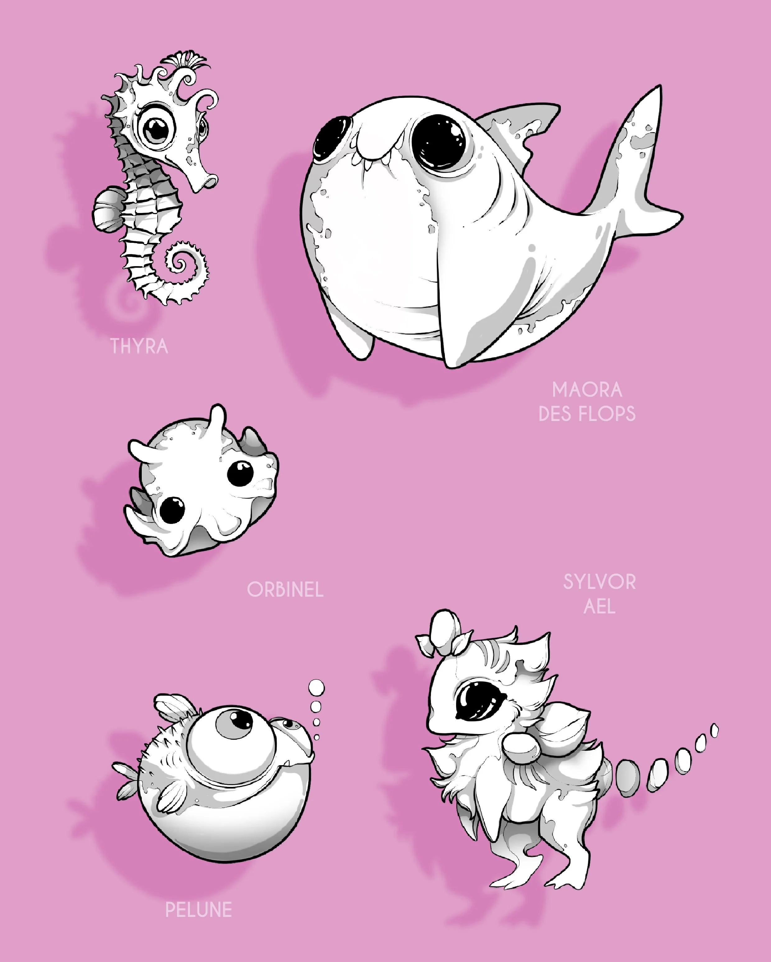 Illustration de cinq poissons fantastiques avec des noms en français, sur un fond rose. Le poisson à grande tête s'appelle Maora des Flops, un poisson avec un corps rond et des yeux énormes. Thira est un petit poisson se portant comme un hippocampe. Orbina est un poisson avec une tête de squelette. Pelune est un poisson rond avec de grands yeux. Sylvor Ael est un petit poisson avec une queue en forme de queue de cheval et des yeux grands et noirs.