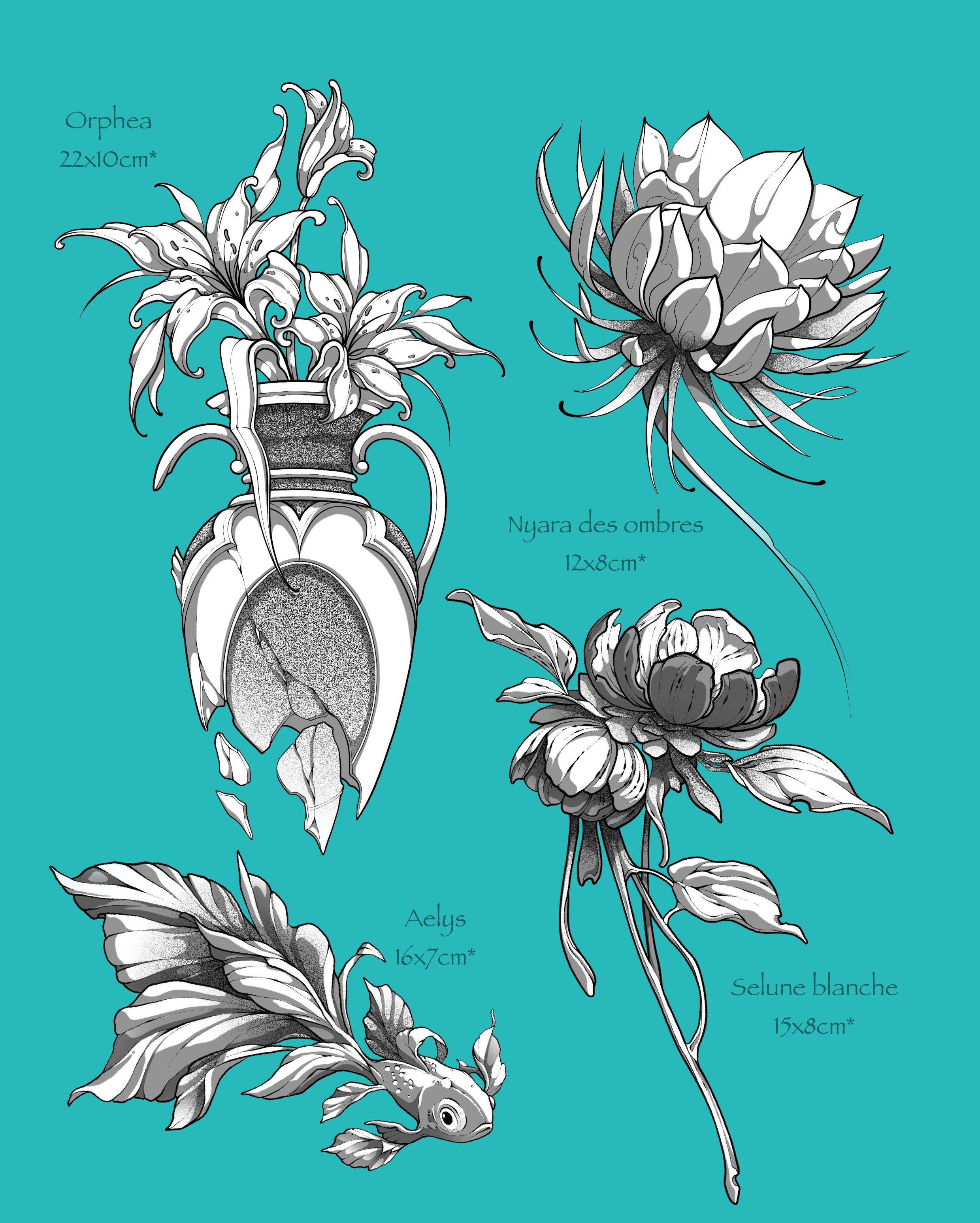 Illustration en noir et blanc de trois plantes et d'un poisson, avec noms et dimensions. La plante Orphea, la plante Nyara des ombres, le poisson Aelys, et la plante Selune blanche, avec fond turquoise.