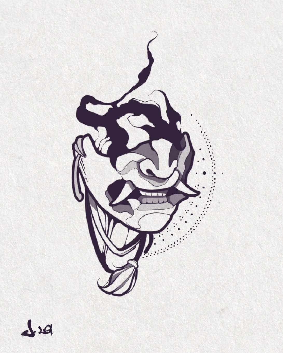 Une illustration d'un visage de piratain de style tatouage, avec un cache-œil, des cheveux en queue de cheval, un bandana, et un sourire, dessinée en noir et blanc avec style artistique. Il y a une signature en bas à gauche.