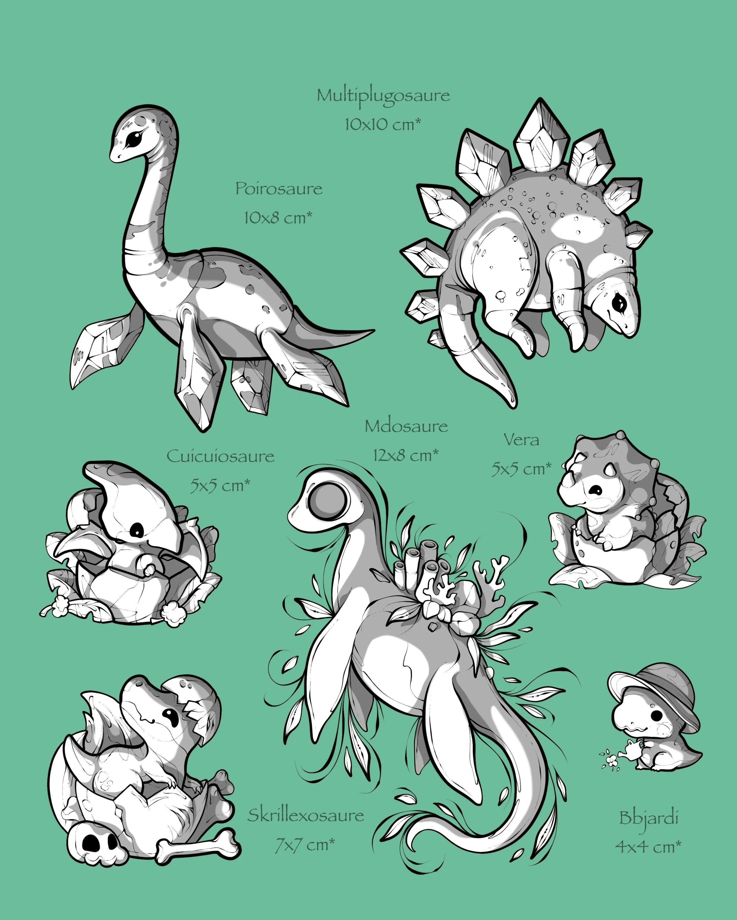 Dessins de différents dinosaures pour construire une ardoise magnétique, incluant un Poïrsaure, un Mutiiplugosaure, un Cuicuiosaure, un Mdosaures, un Vera, un Skrillexosaure et un Bbjardi, avec leurs dimensions respectives.