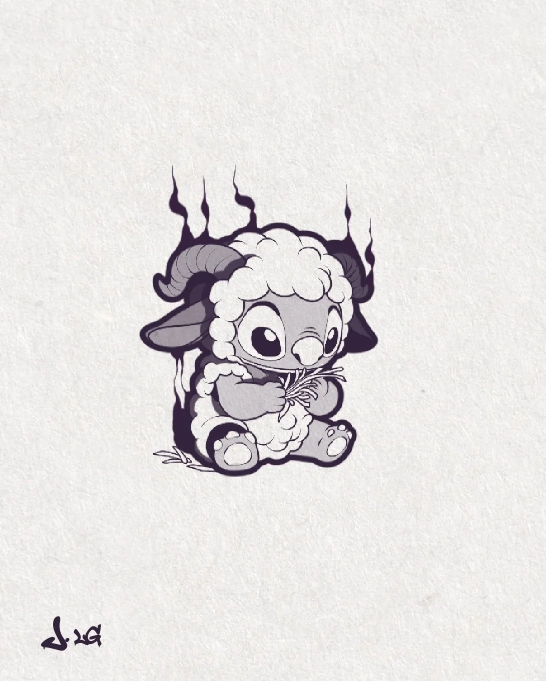 Une illustration d'une créature mignonne avec des cornes, des oreilles longues, semblable à un loup ou un cerf, assise et tenant un brin d'herbe, dessinée en style cartoon en noir et blanc.