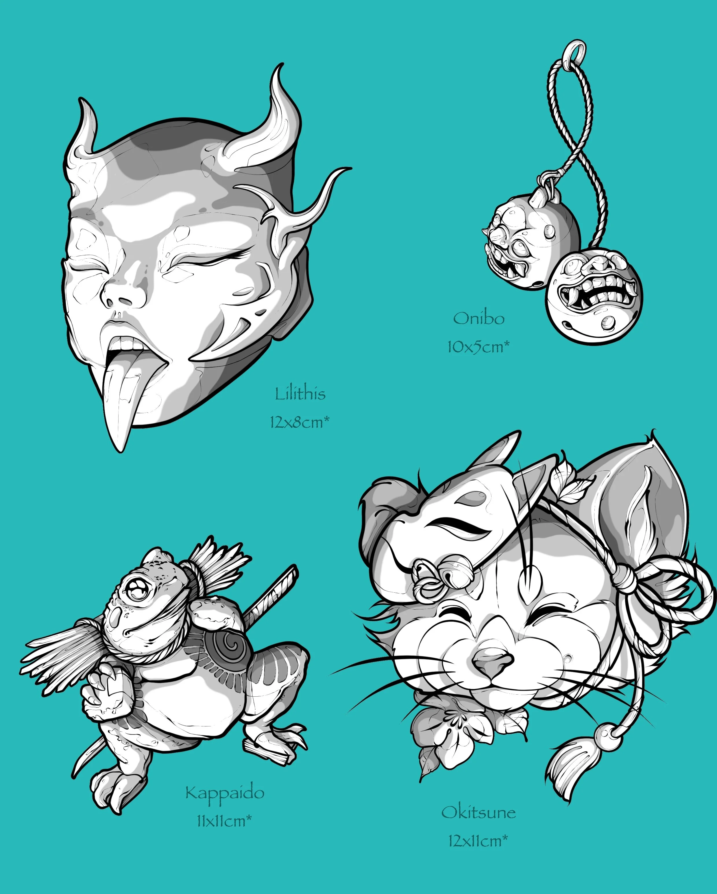 Illustrations de tatouages inspirés de la culture japonaise avec leurs noms et dimensions. Un masque de théâtre Noh, un omamori (amulette), un kuraï (grenouille guerrière) et un maneki-neko (chat porte-bonheur).