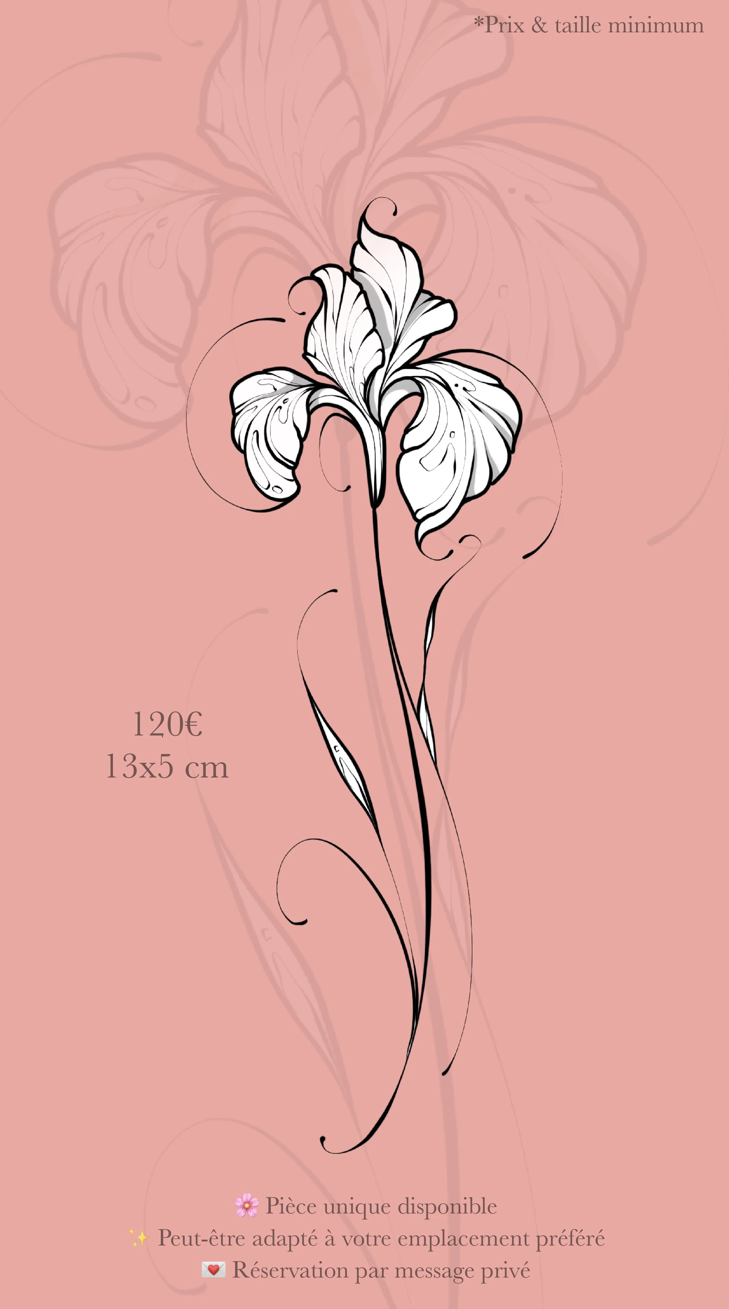 Une illustration d'une orchidée en noir et blanc sur fond rose. La photo inclut le prix (120€), la taille (13x5 cm) et des informations de réservation