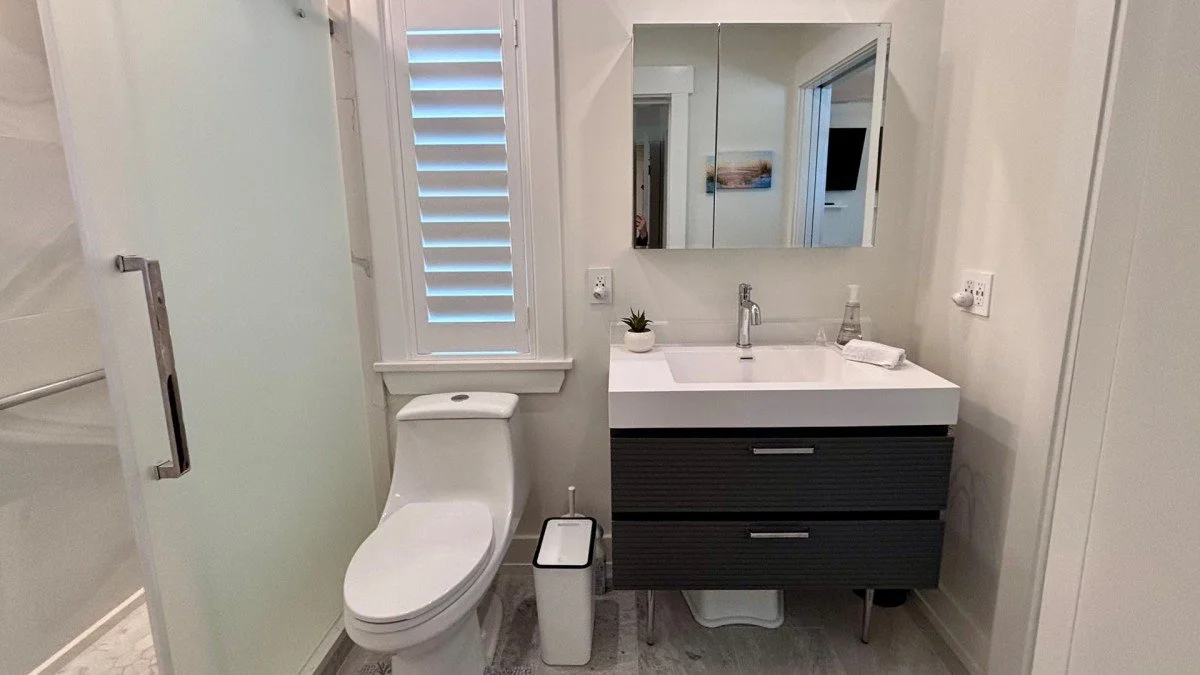 Bathroom with a toilet, a black vanity with a white sink, a mirror, a small plant, a soap dispenser, a white towel, and a trash can.