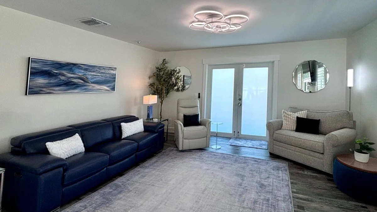 Living room with a navy sofa, a beige armchair, a gray loveseat, and modern lighting fixtures.