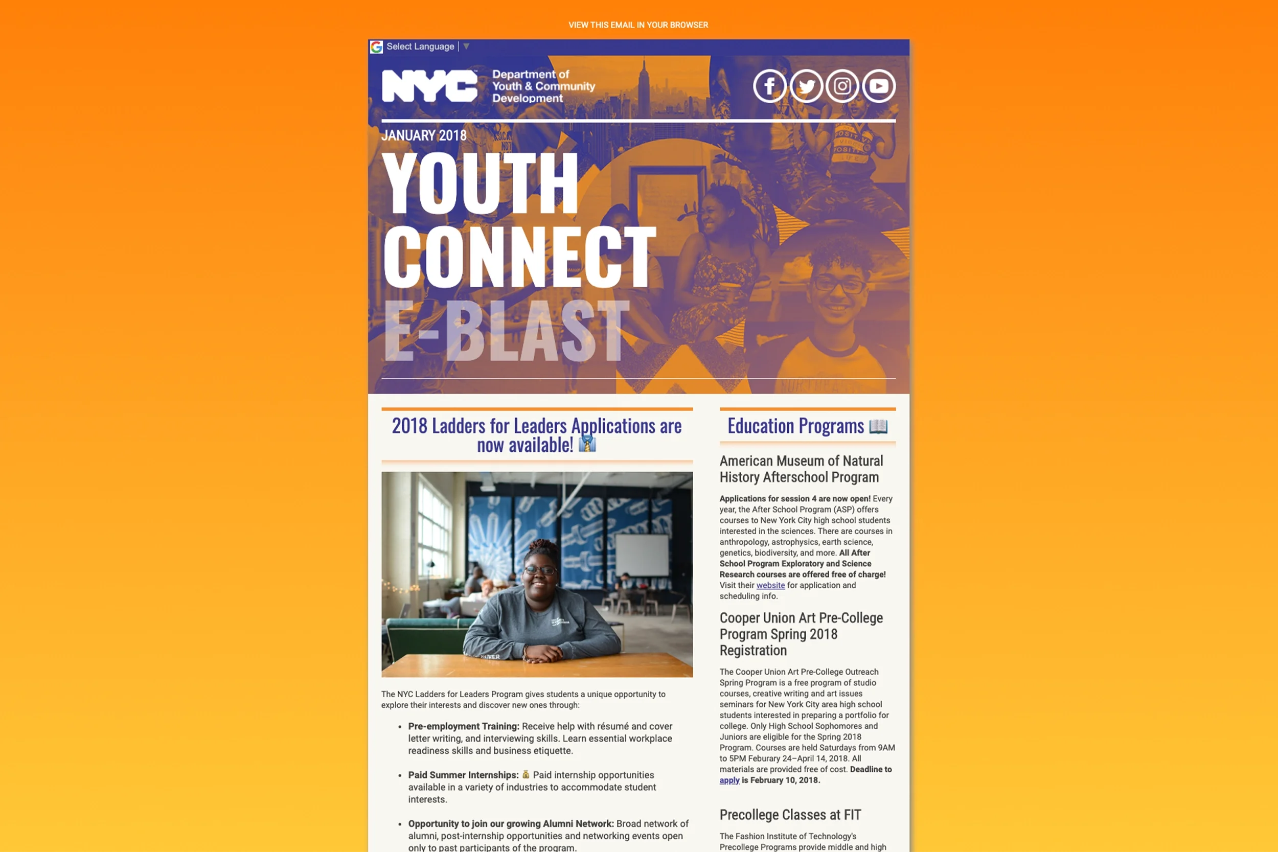  Design, layout and code for NYC youth-focused digital newsletter.  
Studio/Client: NYC Department of Youth & Community Development; Role: Graphic Design, UX/UI and Web Development