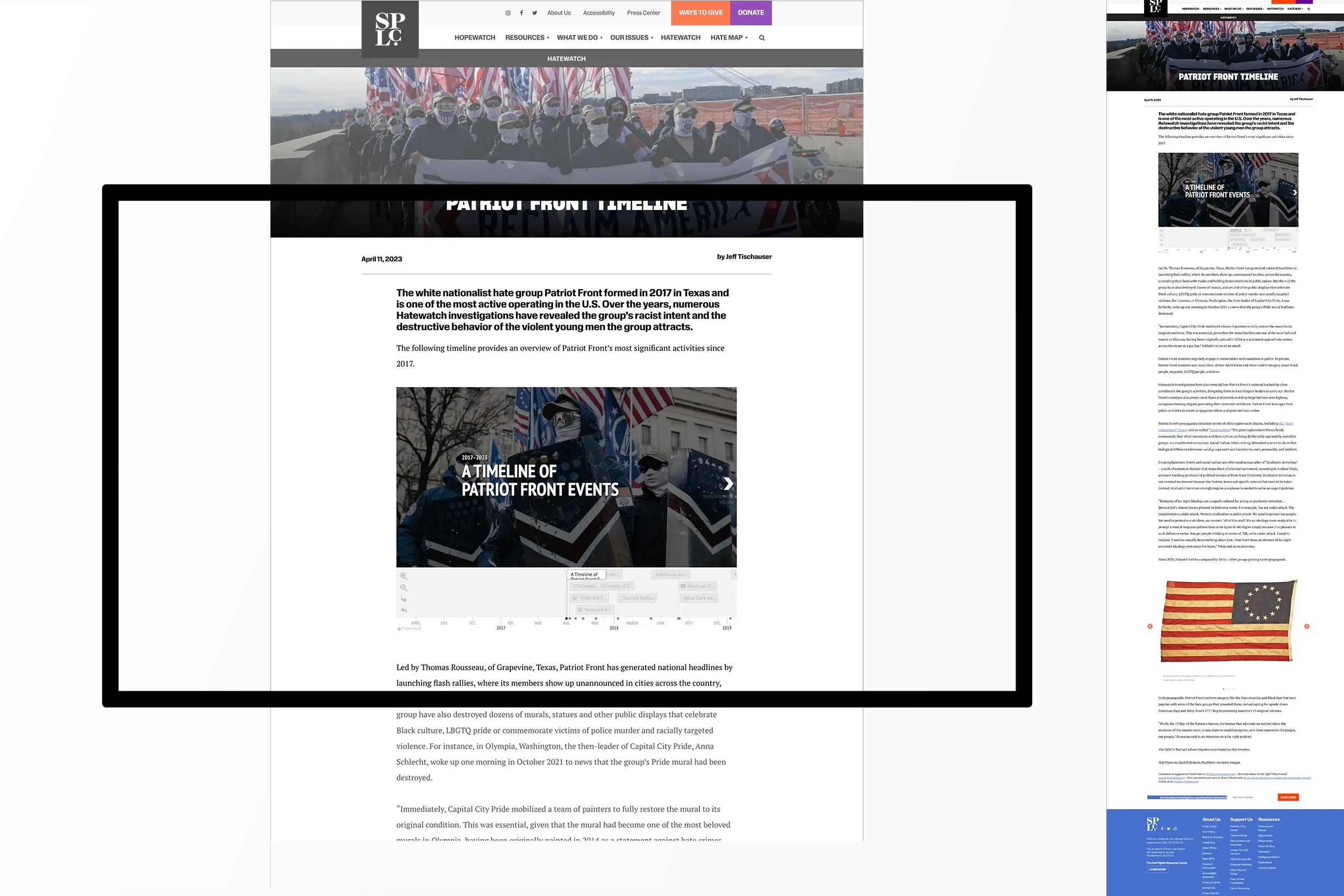  Digital timeline experience design examining the rise of organized hate movements.  
Studio/Client: Southern Poverty Law Center—  View more on Behance  ; Role: Graphic Design, UX/UI and Art Direction