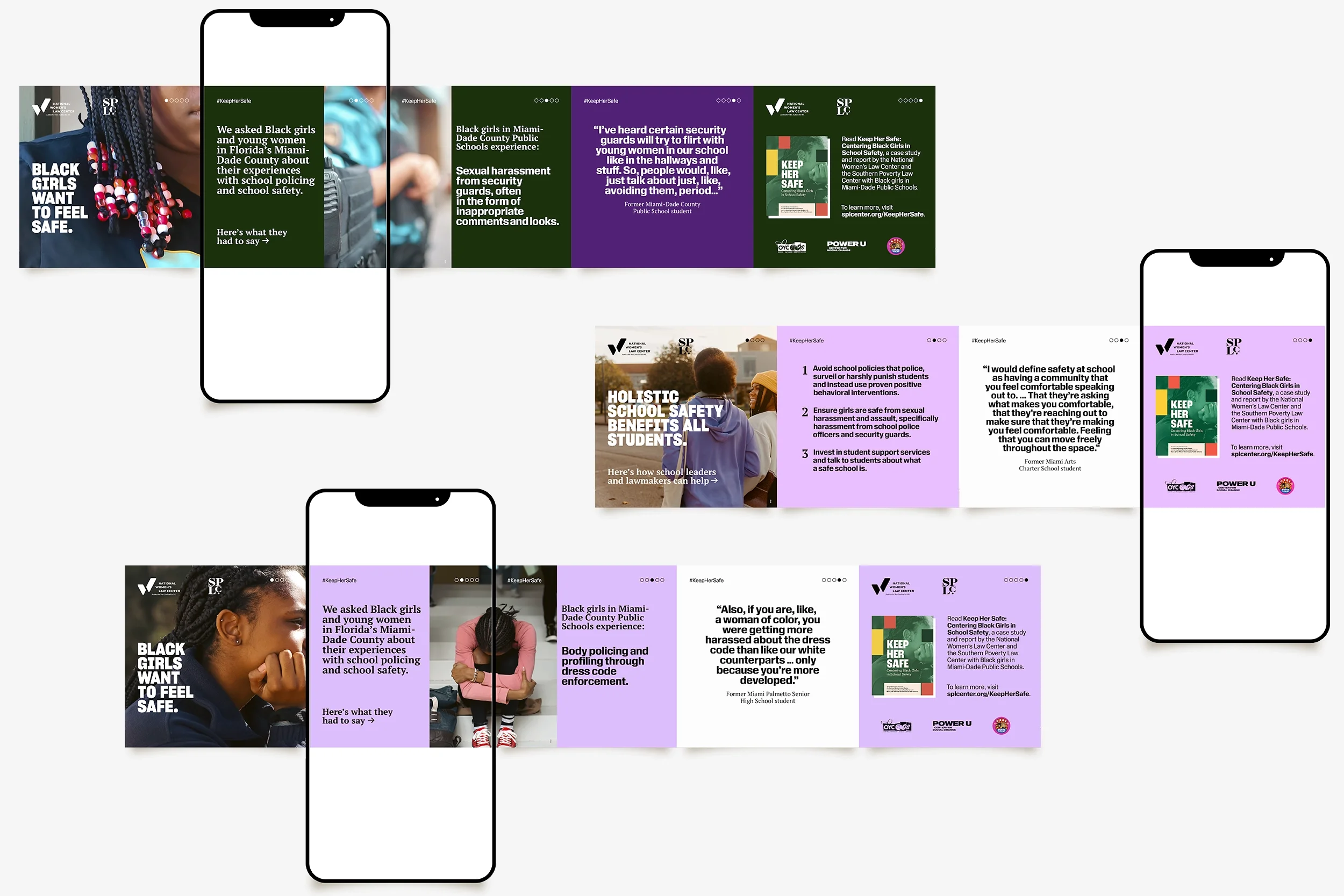 Editorial social carousels amplifying report on Black girls’ school safety.  
Studio/Client: Southern Poverty Law Center; Role: Graphic Design  