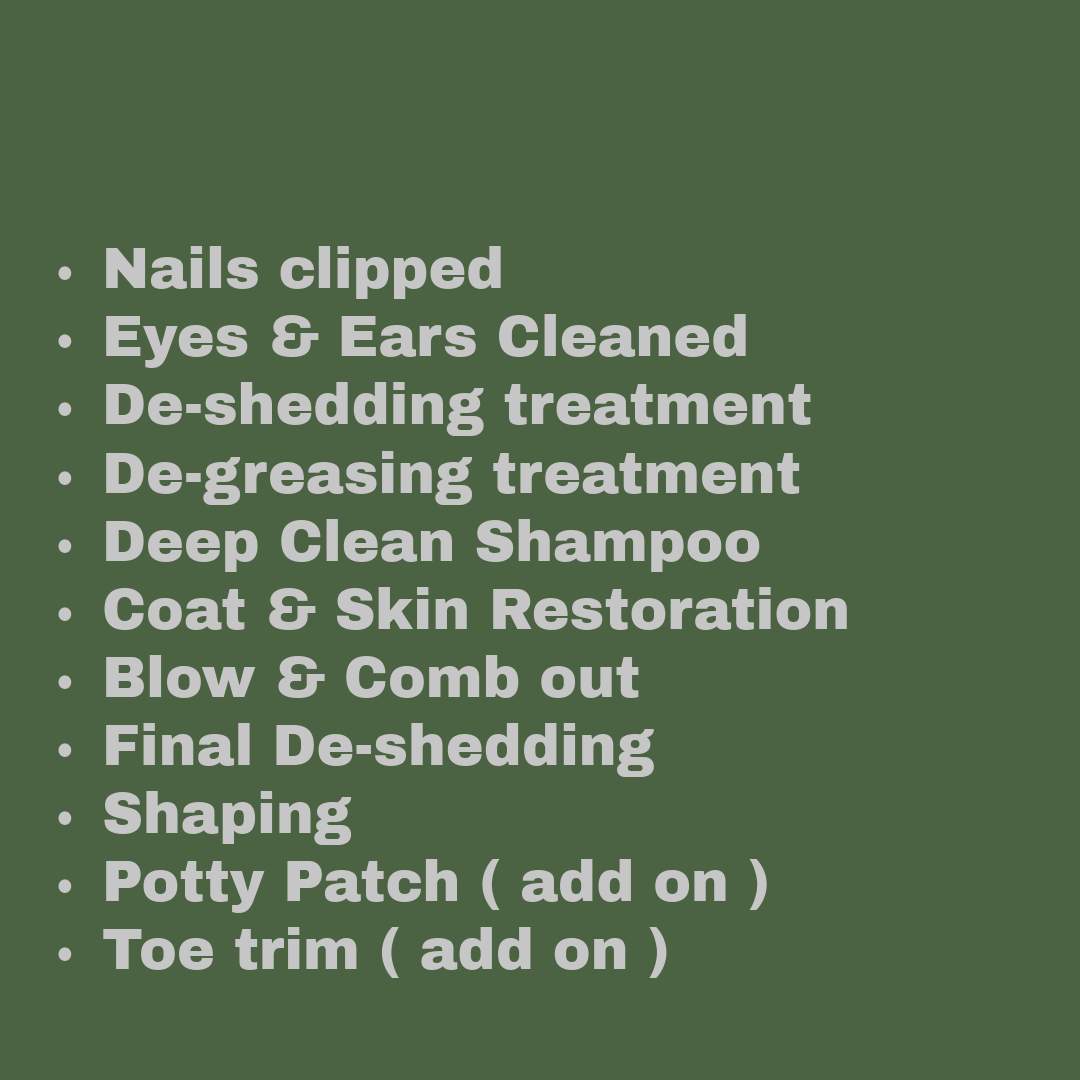 List of pet grooming services on a green background, including nails clipped, eyes and ears cleaned, de-shedding and de-greasing treatments, deep clean shampoo, coat and skin restoration, blow and comb out, final de-shedding, shaping, potty patch and toe trim.