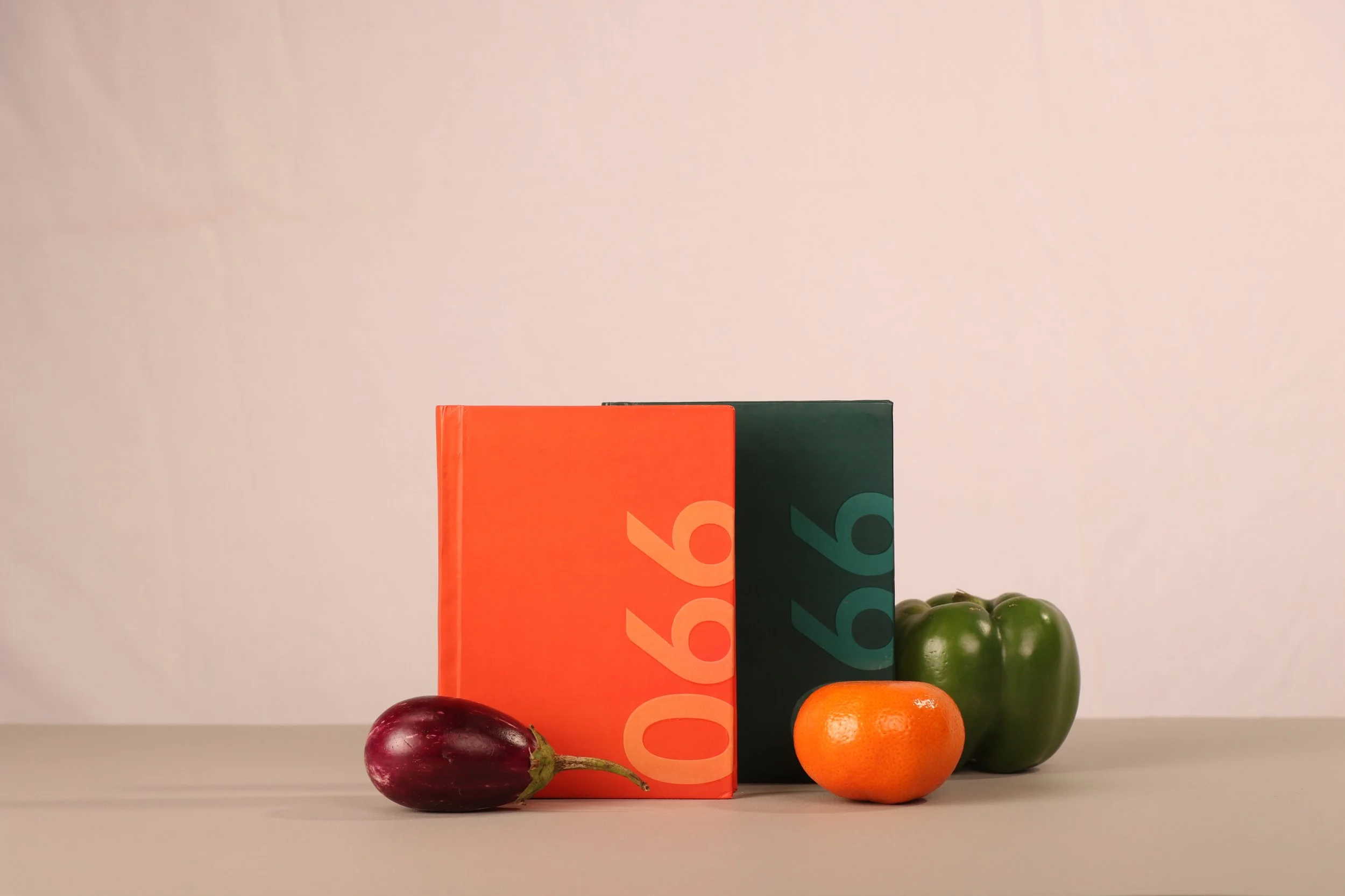 Two colorful books, one orange and one teal, are standing upright on a beige surface. In front of the books are a purple eggplant, an orange, and a green bell pepper, arranged in a row against a plain, light-colored background.
