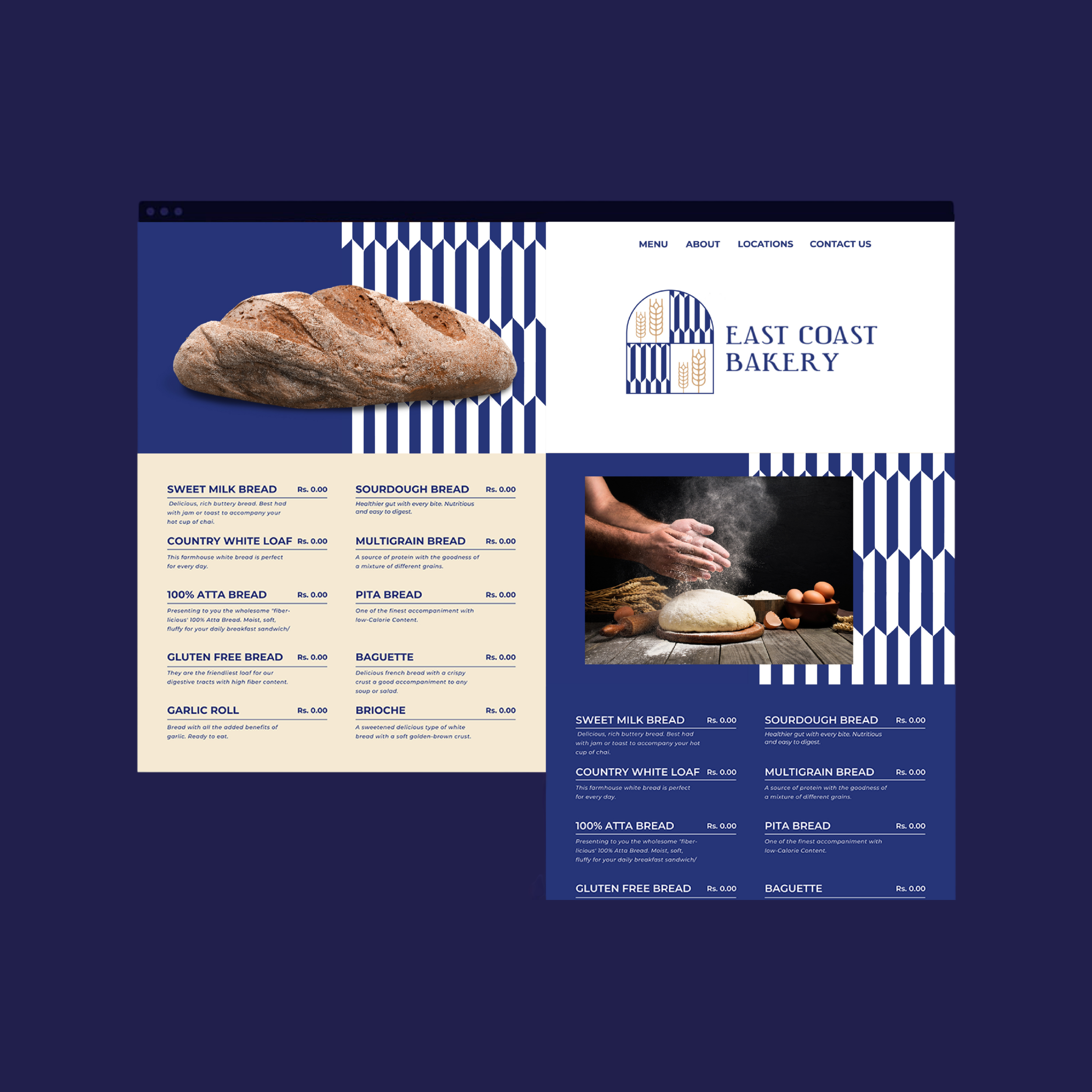 Website homepage of East Coast Bakery featuring a loaf of bread, bakery logo, and menu with bread options.