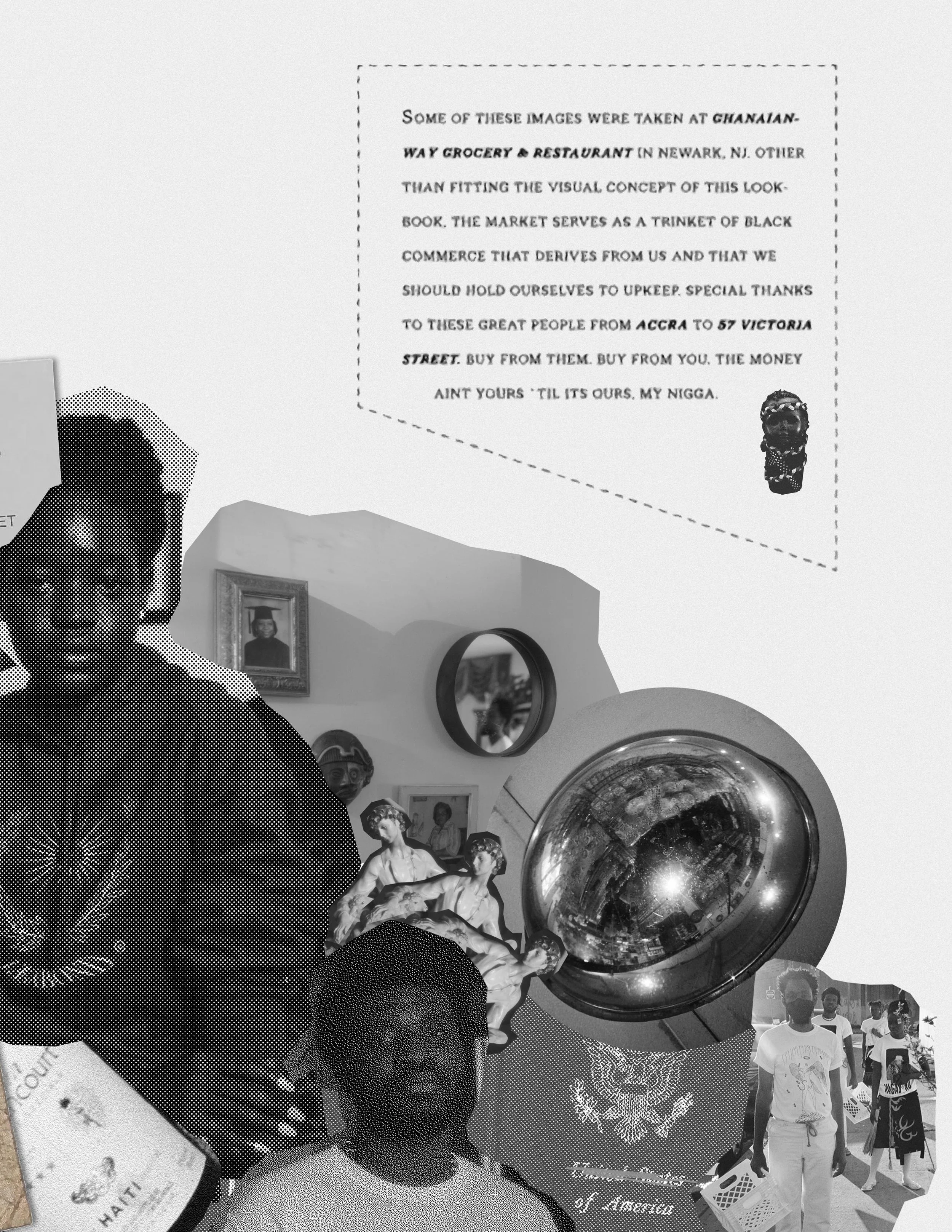Black-and-white collage featuring people, artwork, and text discussing Ghanaian market culture and the author's experiences in Nigeria and Ghana.