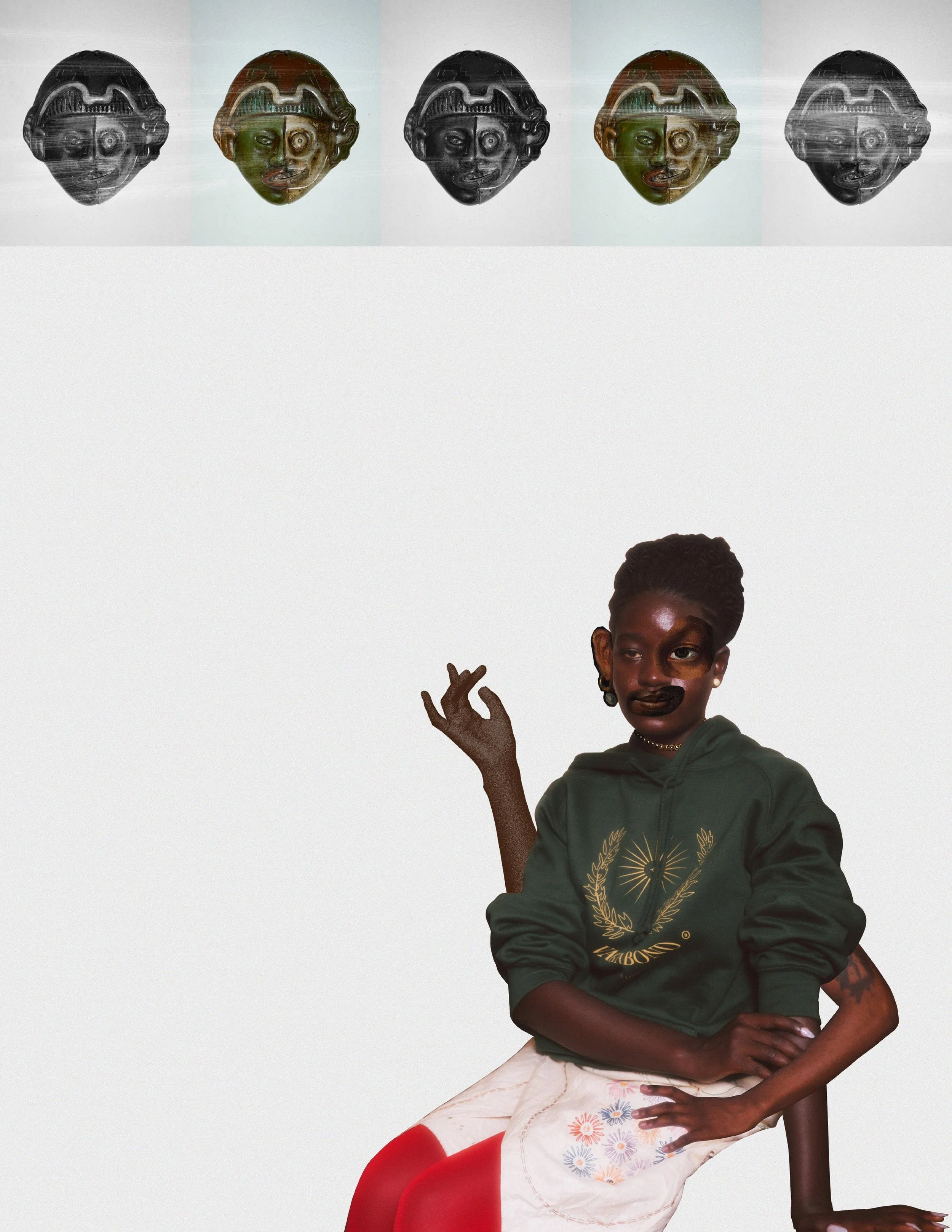 A young woman with dark skin and dreadlocks wearing a green hoodie with a gold emblem, sitting with one hand resting on her leg and the other raised, against a plain white background. At the top, there are five small images of an ancient coin or artifact with different color filters.