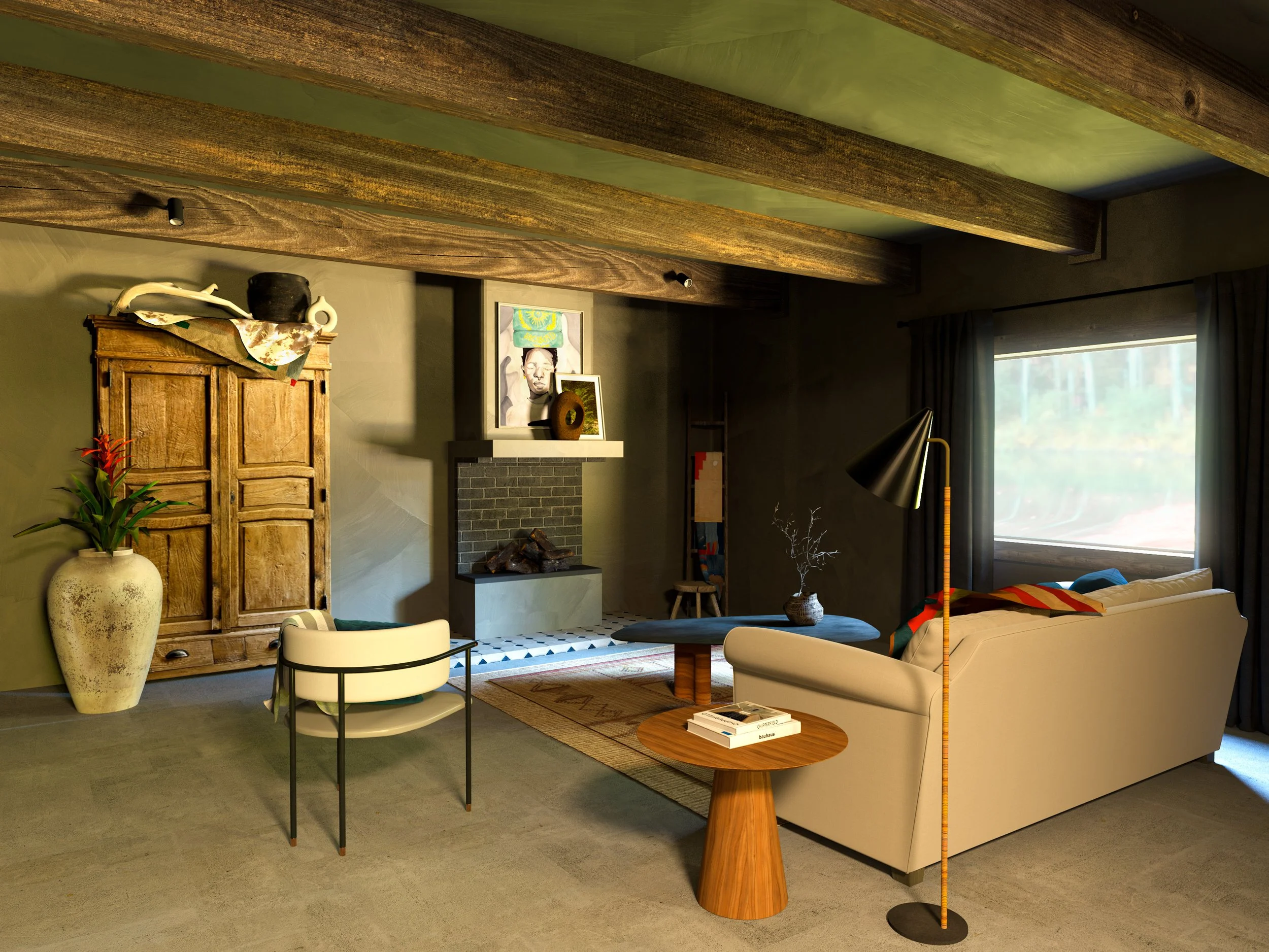 Living room with a beige sofa, black floor lamp, round wooden side table with books, large window with curtains, a white armchair, a wooden cabinet, potted plant, artwork above a fireplace, and a patterned rug.