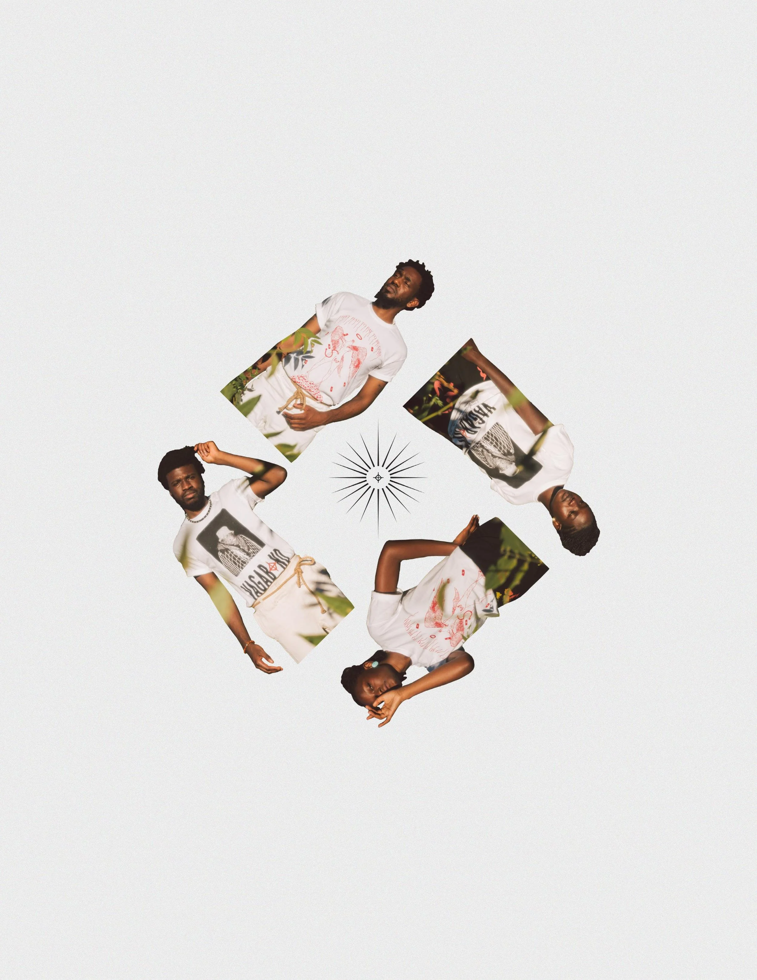 Collage of four people in casual clothing arranged in a diamond shape with a small starburst symbol at the center on a white background.