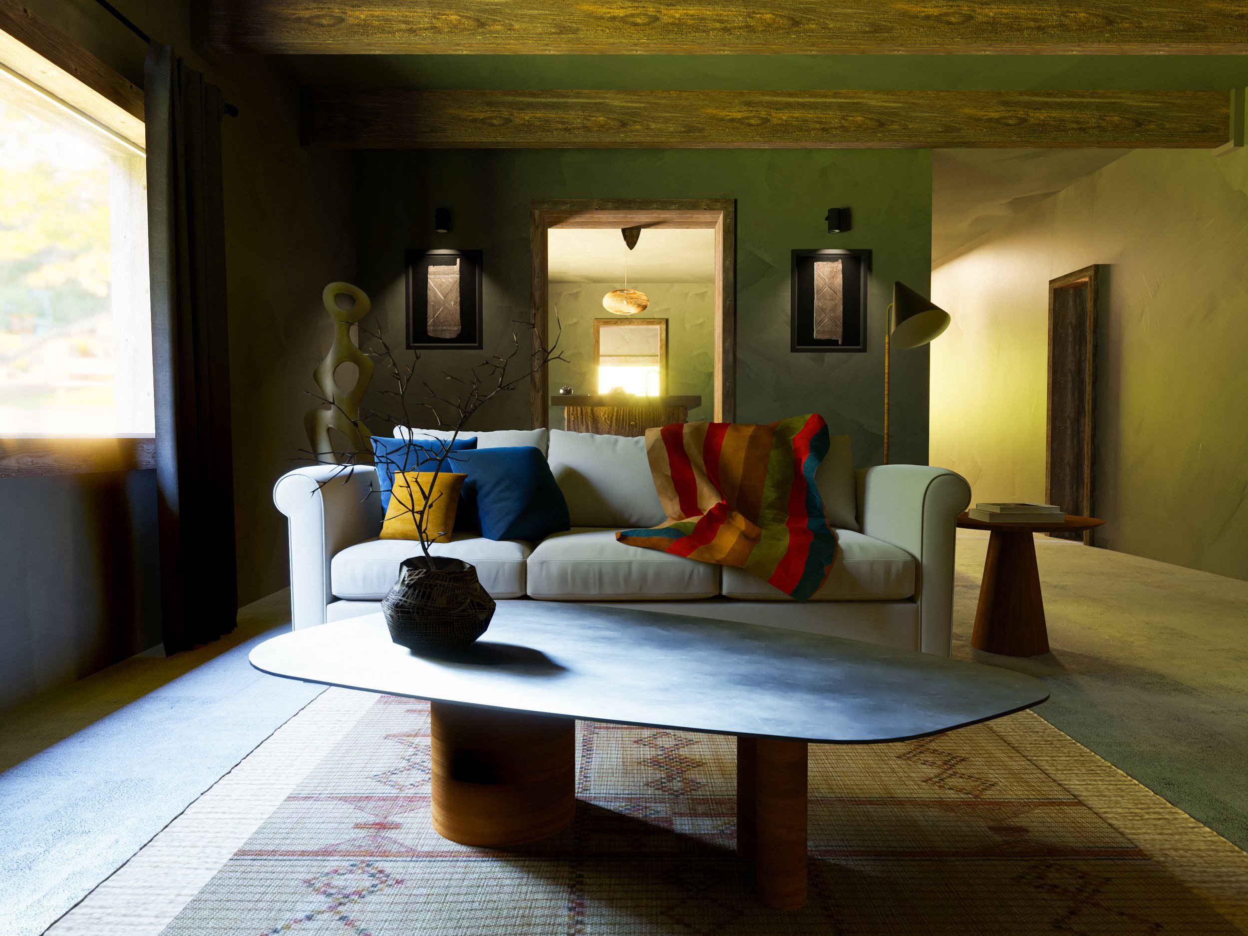 Living room with white sofa, colorful pillows, a slanted blanket, a wooden coffee table with a vase, and a window with sunlight.