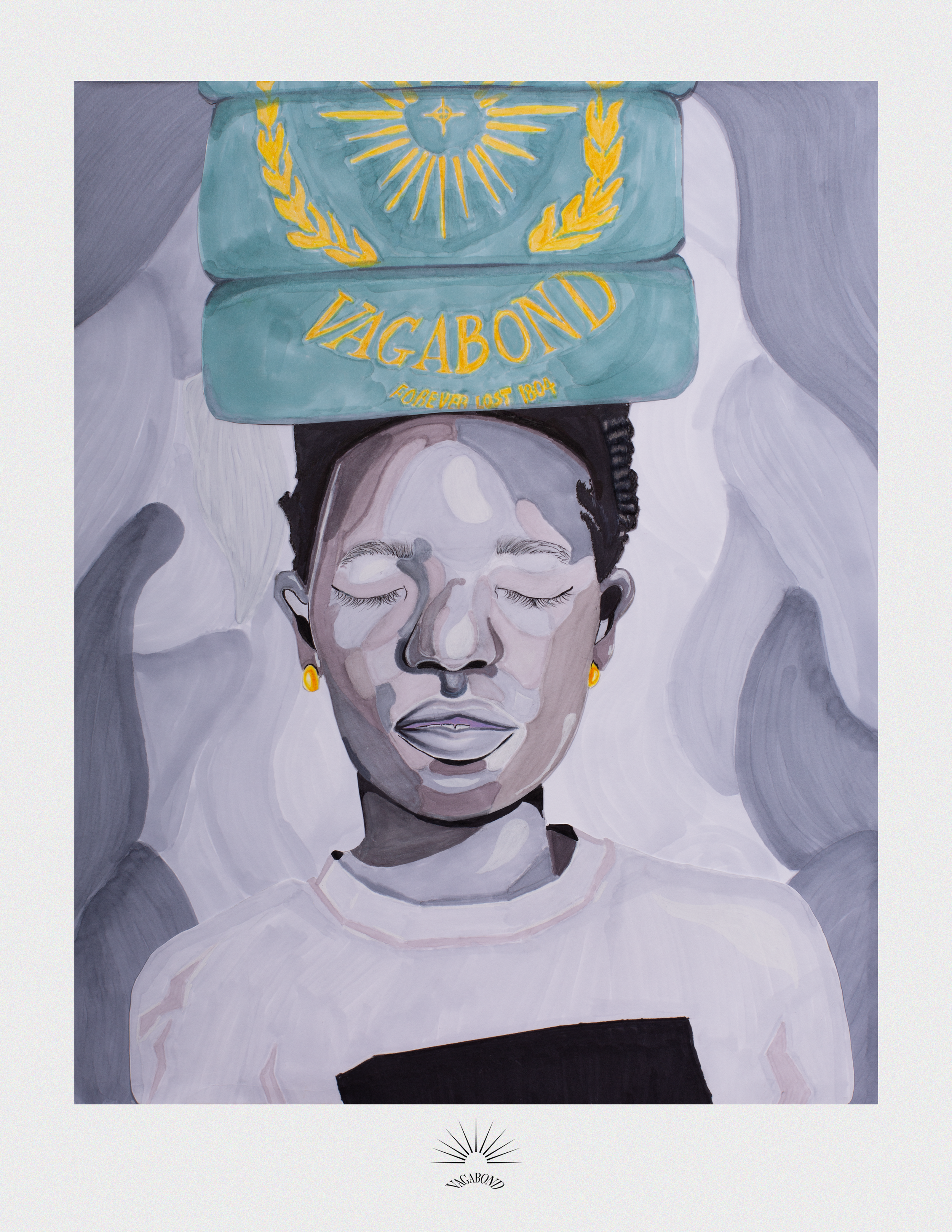 A painting of a woman with her eyes closed, wearing earrings and a white shirt with black detail. She has a stack of two teal books on her head, with the top book featuring gold text and design, including the words "Vagabond" and "Forever Lost 1804". The background is composed of abstract gray and white shapes.