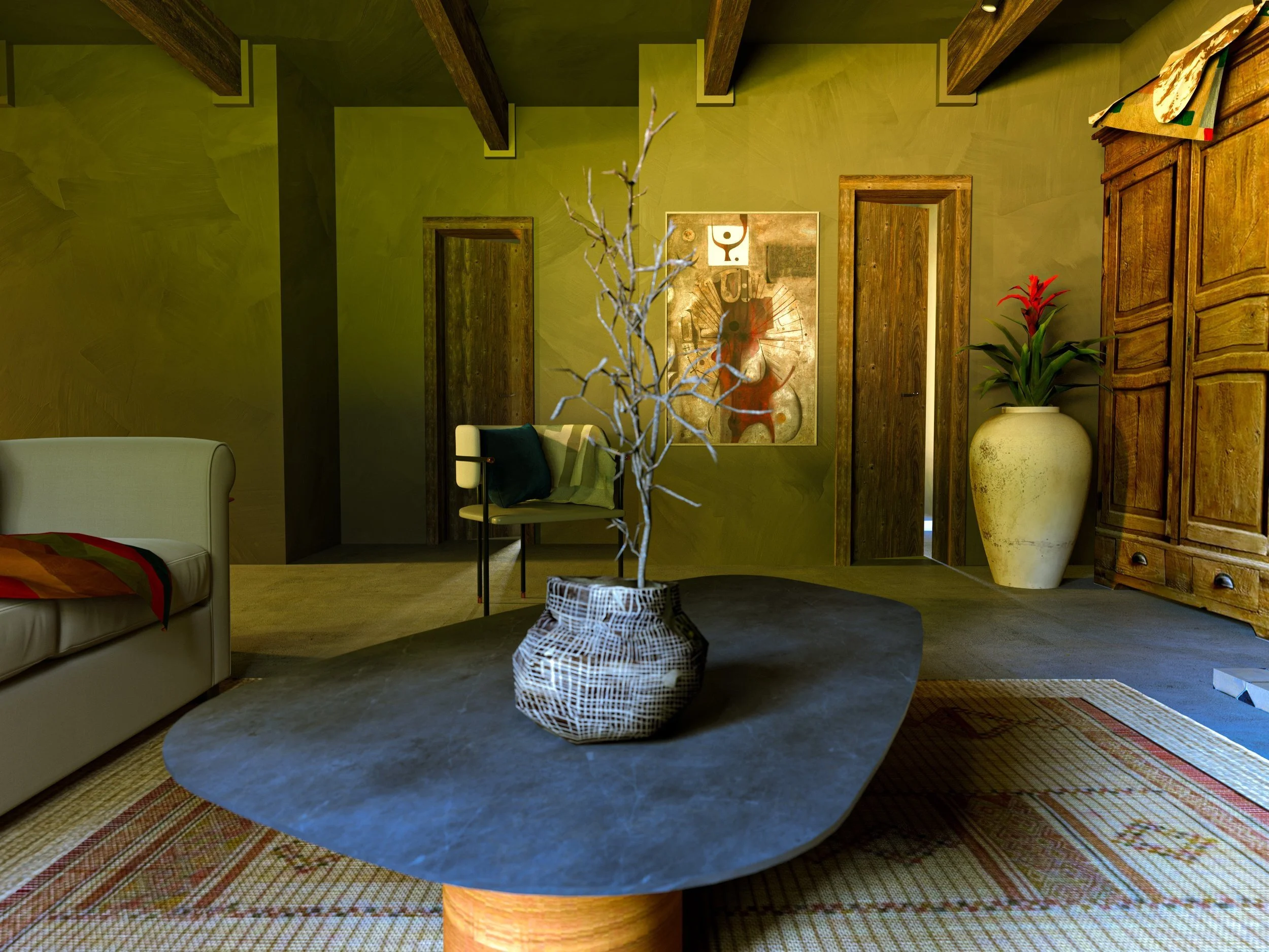 Interior of a living room with green walls, wooden beams, and an assortment of furniture including a beige sofa, a modern black coffee table with a decorative vase and dried branch, and wooden cabinetry. Decor includes an abstract painting, potted plants, and a colorful rug.
