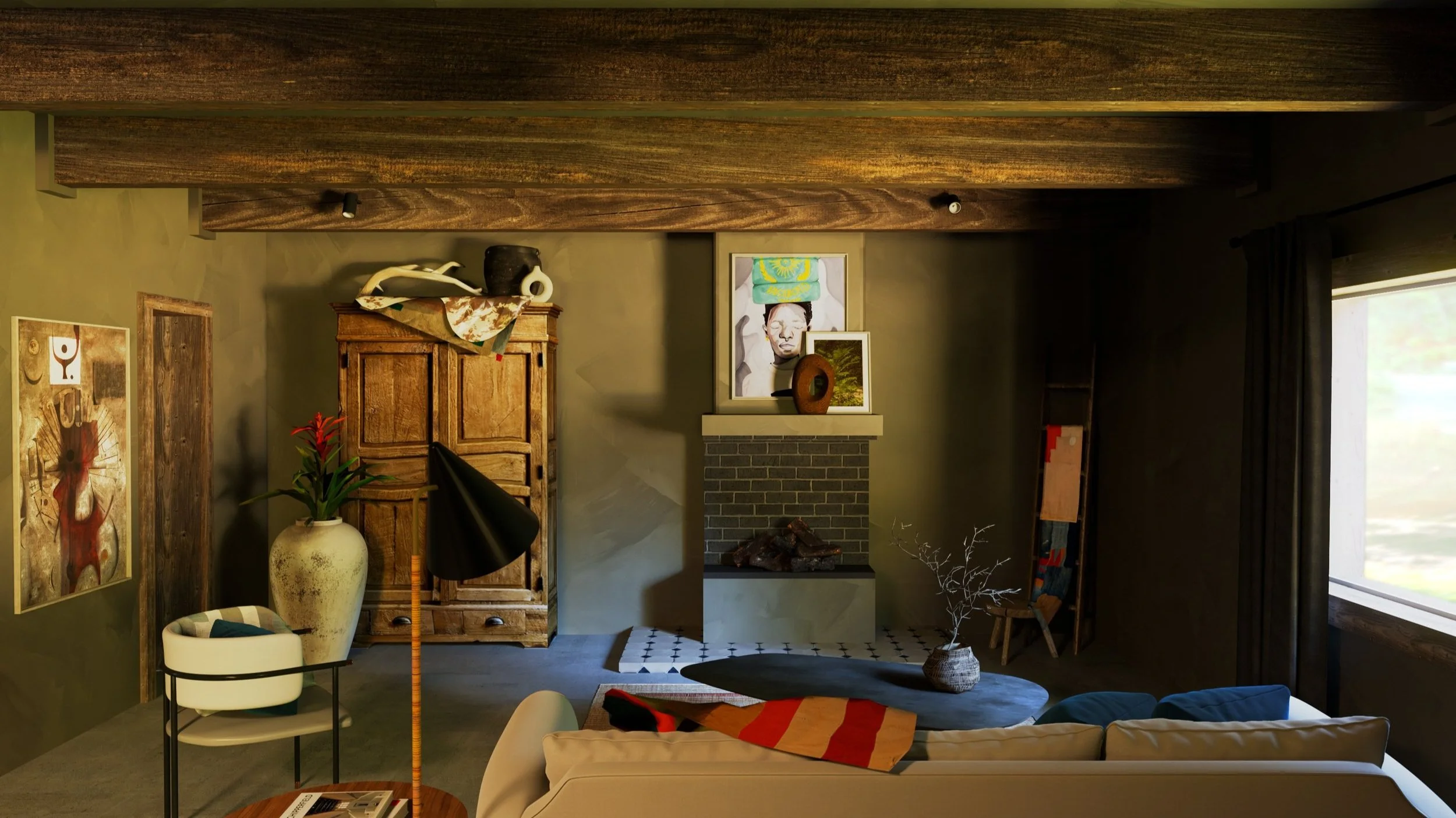 A cozy living room with a green wall, decorated with colorful artwork, a stone fireplace, and wooden ceiling beams. There is a white couch with a striped blanket, a chair with a pillow, a vase with plants, and a large window with dark curtains.
