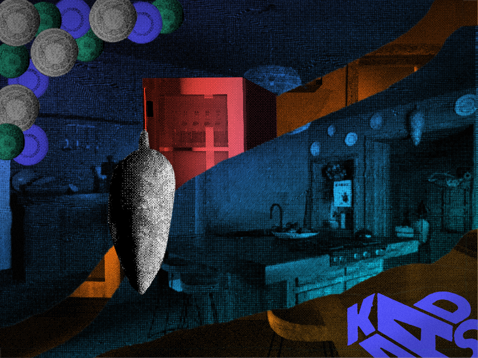 A black and white rocket-shaped object hanging in a room with colorful balloons on the left and a kitchen with red and blue walls on the right.