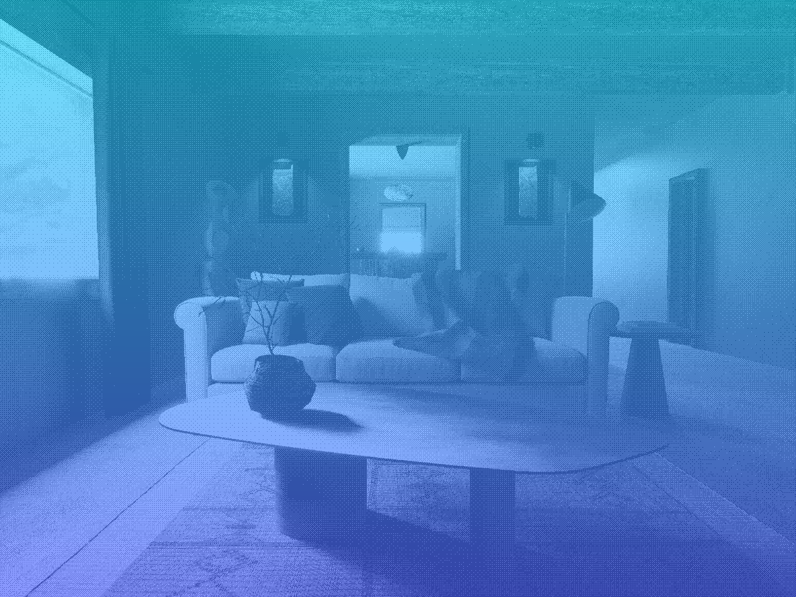 Living room with a coffee table, sofa, and a person sitting on the sofa in front of a large window.