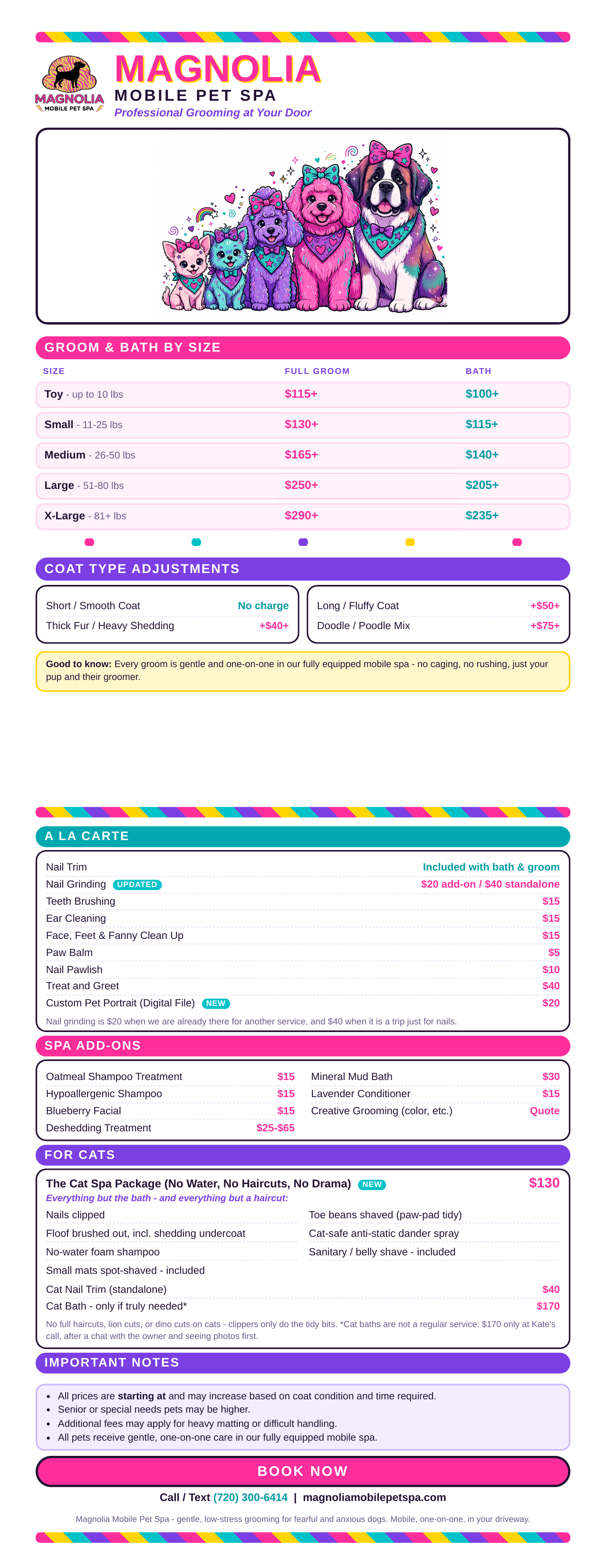 Magnolia Mobile Pet Spa price sheet — grooming and bath prices by dog size, coat adjustments, spa add-ons, and cat services