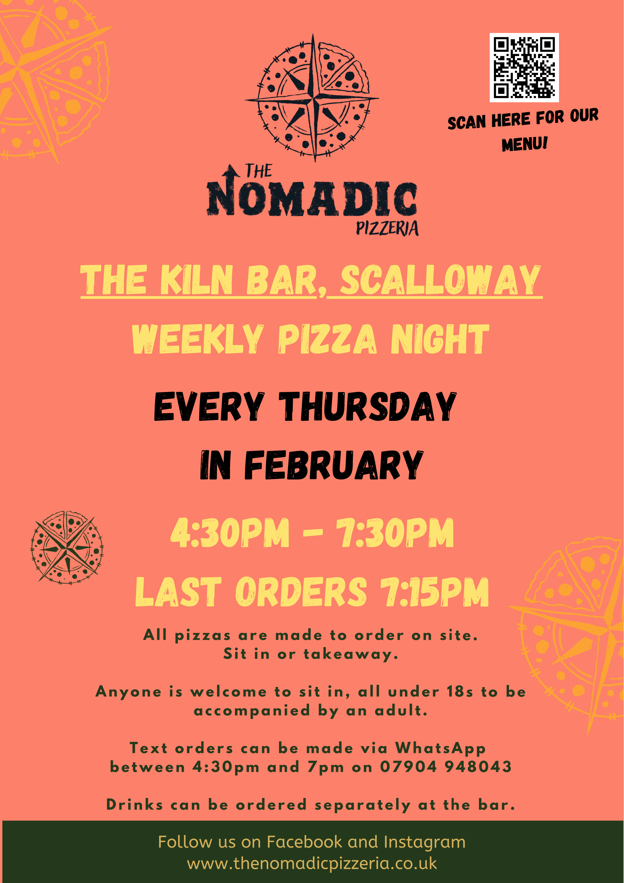 Yellow poster advertising weekly pizza night at the Kiln Bar, Scalloway, held every Thursday in January from 4:30 PM to 7:30 PM with last orders at 7:15 PM. Includes a QR code, logos of pizza slices, and contact information.