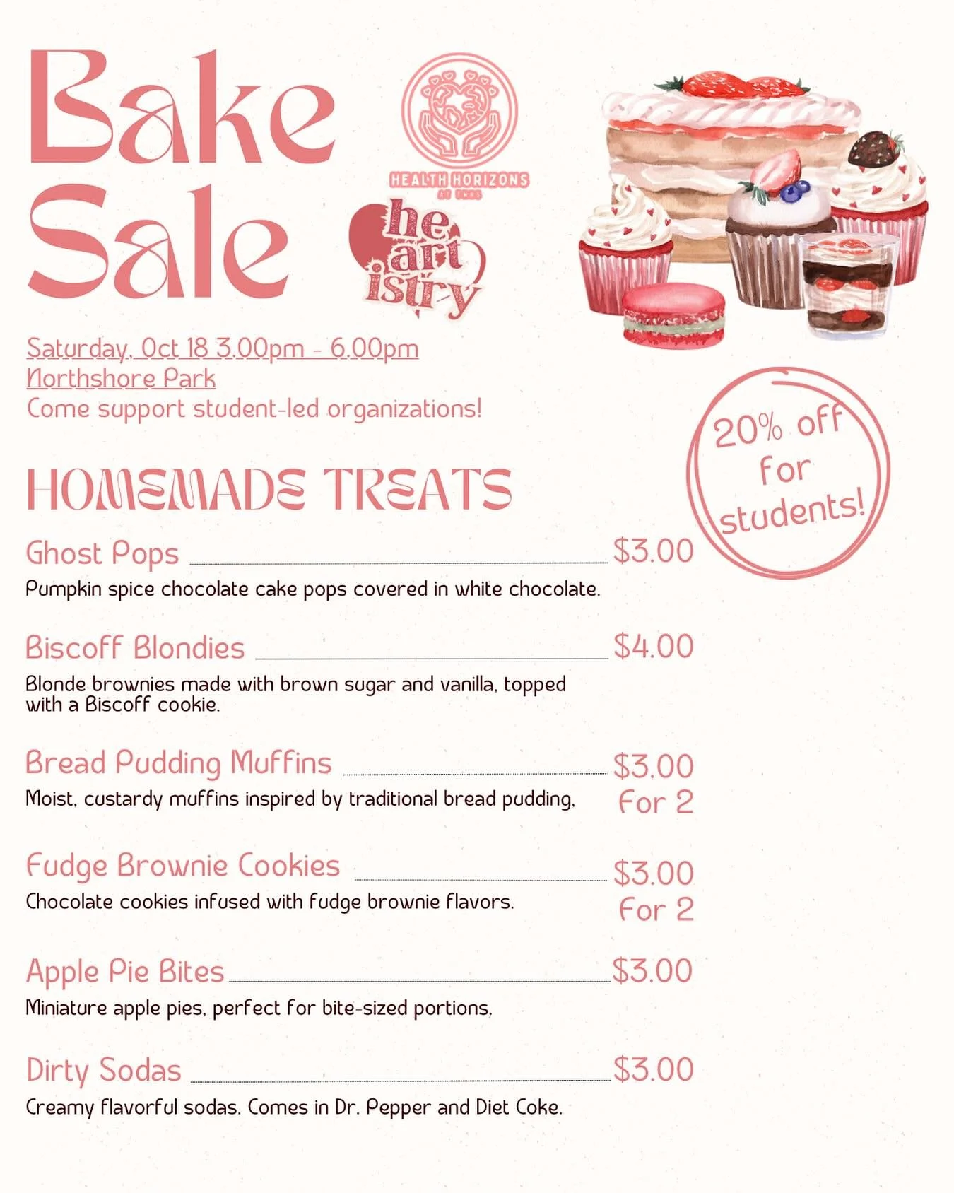 Here is the menu for our upcoming bake sale!🩷 Come support two local organizations, Heartistry and Health Horizons, tomorrow from 3-6 at Northshore Park. We can&rsquo;t wait to see you all there!

Proceeds will be used to fund printing for children&