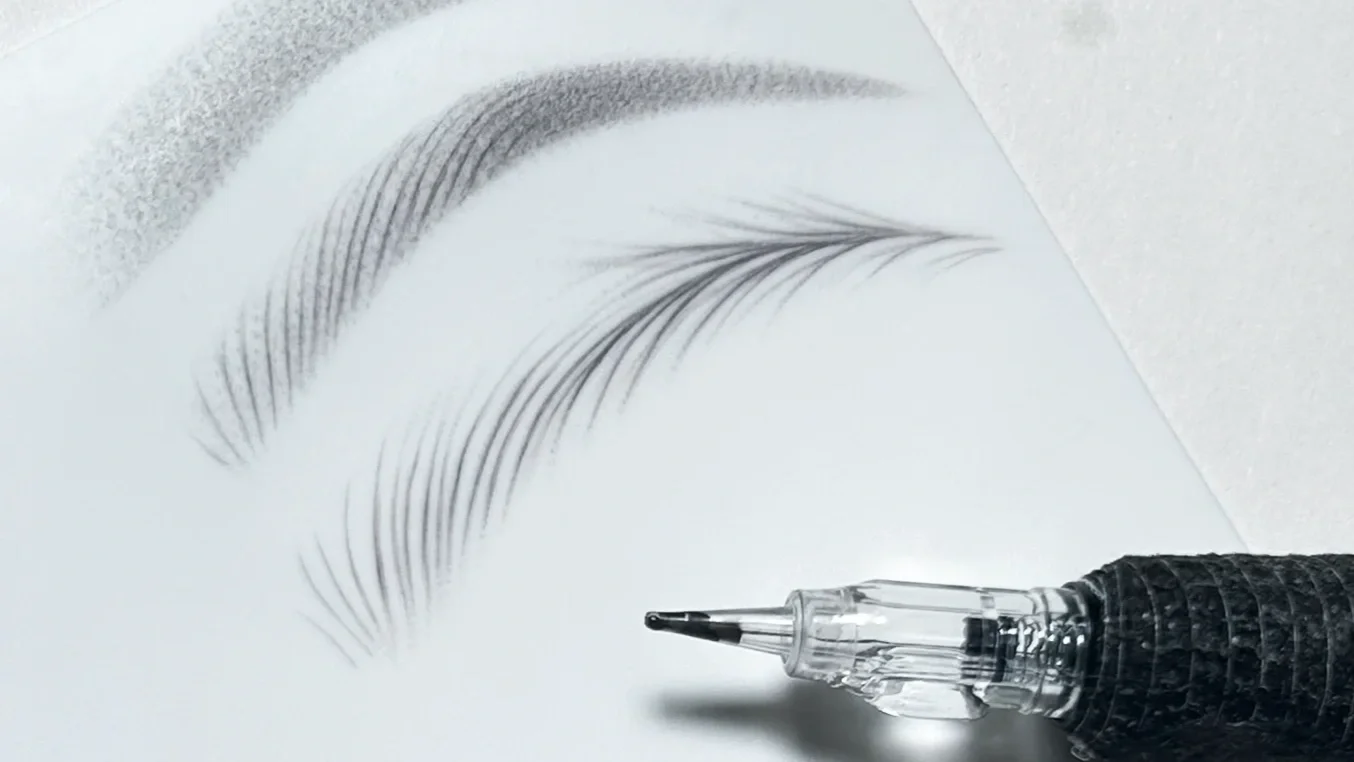 Brow stroke patterns transitioning from paper practice to fake skin using PMU machine,showing how hand control translates across surfaces.
