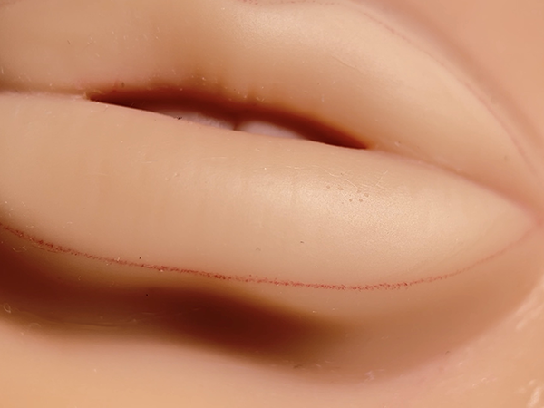Close-up of controlled lip blush outline on fake skin with minimal pressure and no saturation.