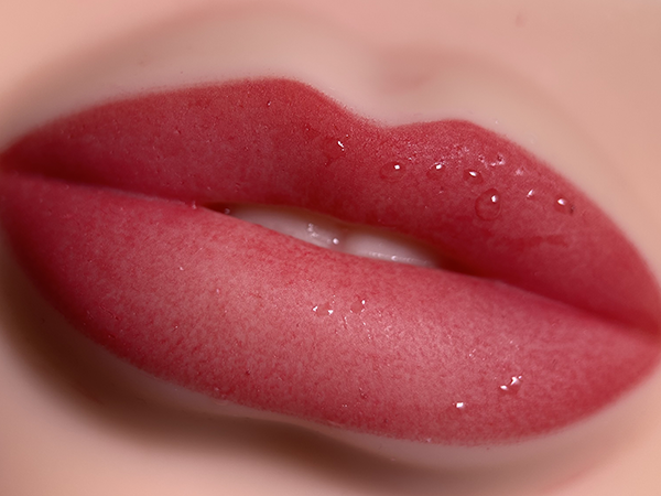 Finished lip blush practice result on fake skin with smooth transitions and even saturation.