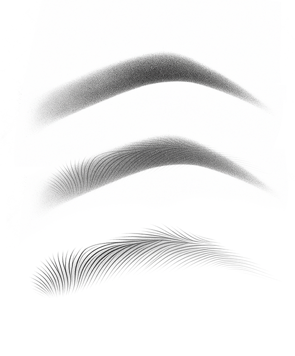 Illustratieve schetsen van wenkbrauwvormen en hairstrokes, gebruikt ter uitleg van permanente make-up technieken.