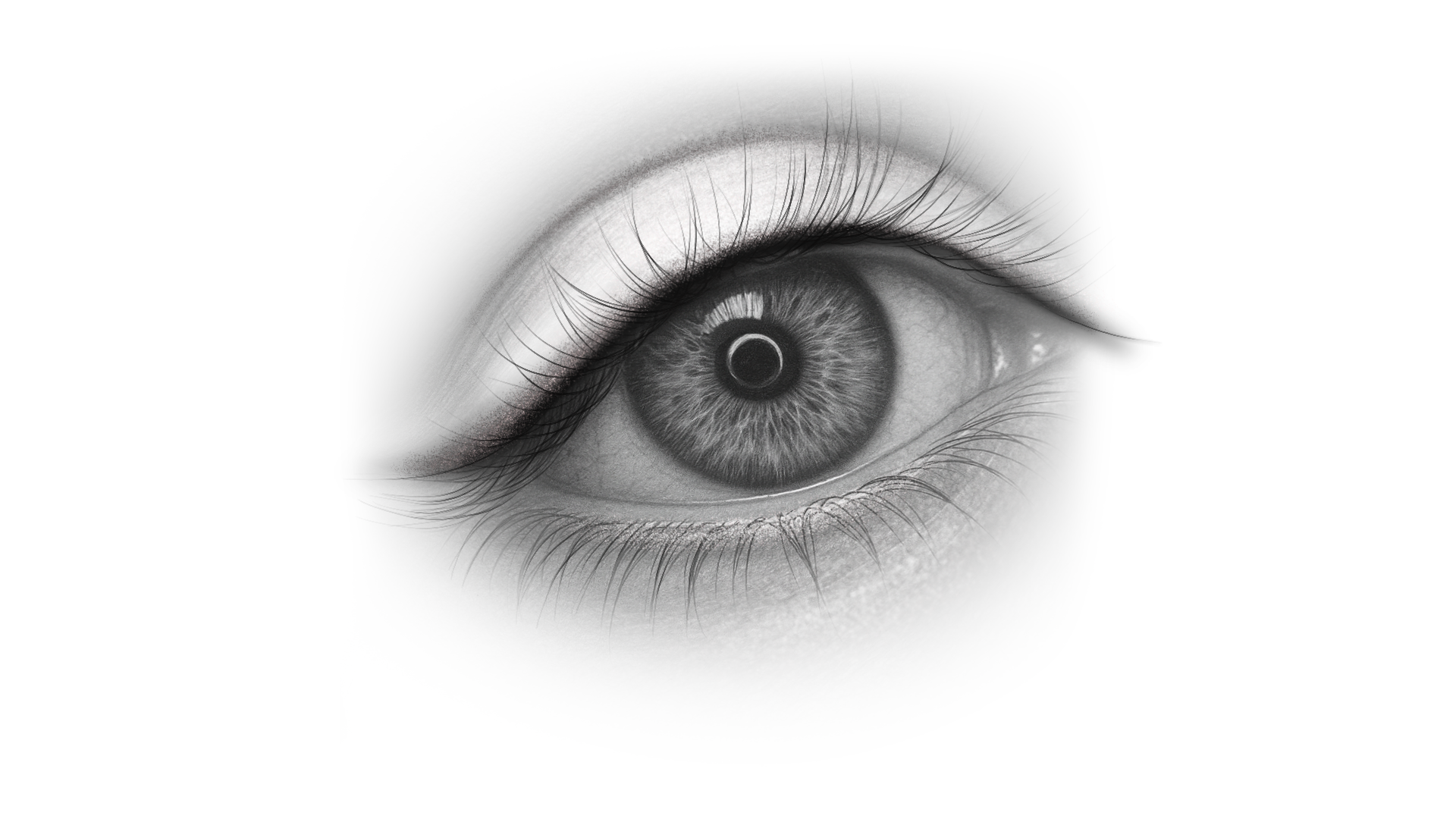 Zwart-wit close-up van een oog, gebruikt als visuele illustratie voor wimperlijnversterking en oog permanente make-up.
