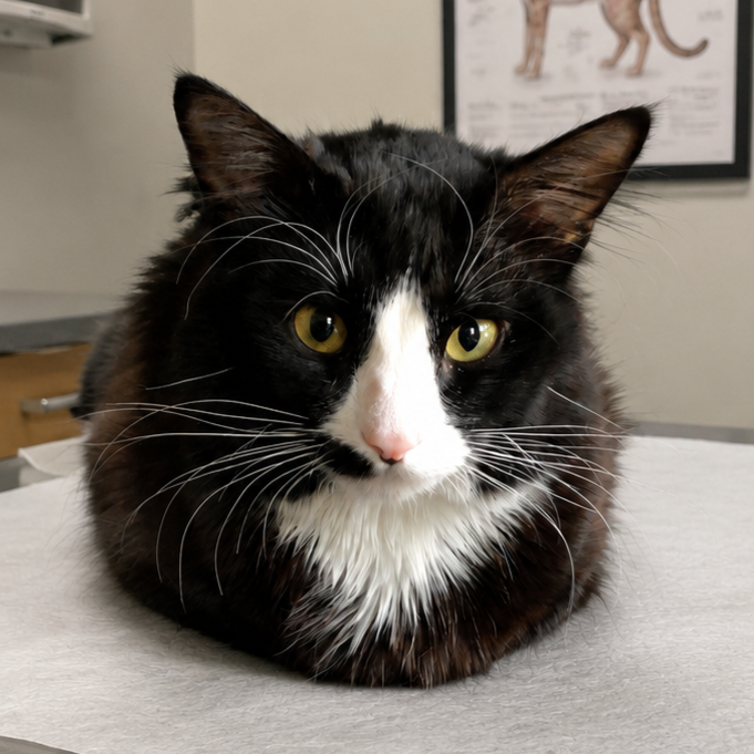 A black and white cat with yellow eyes lying on a table.