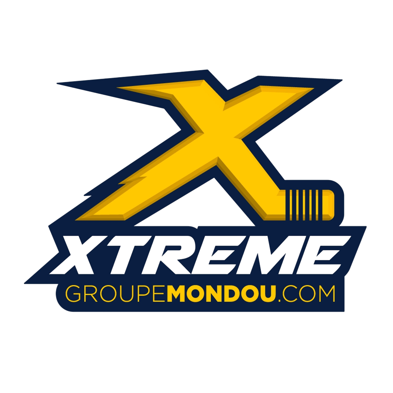Logo du groupe Xtreme Groupe Mondou, avec un grand X jaune stylisé et le texte 'GROUPE MONDOU.COM' en dessous.
