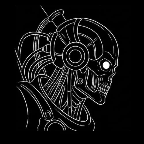 Illustration of a skeletal cyborg representing the struggle against The Machine and modern domestication in San Miguel de Allende