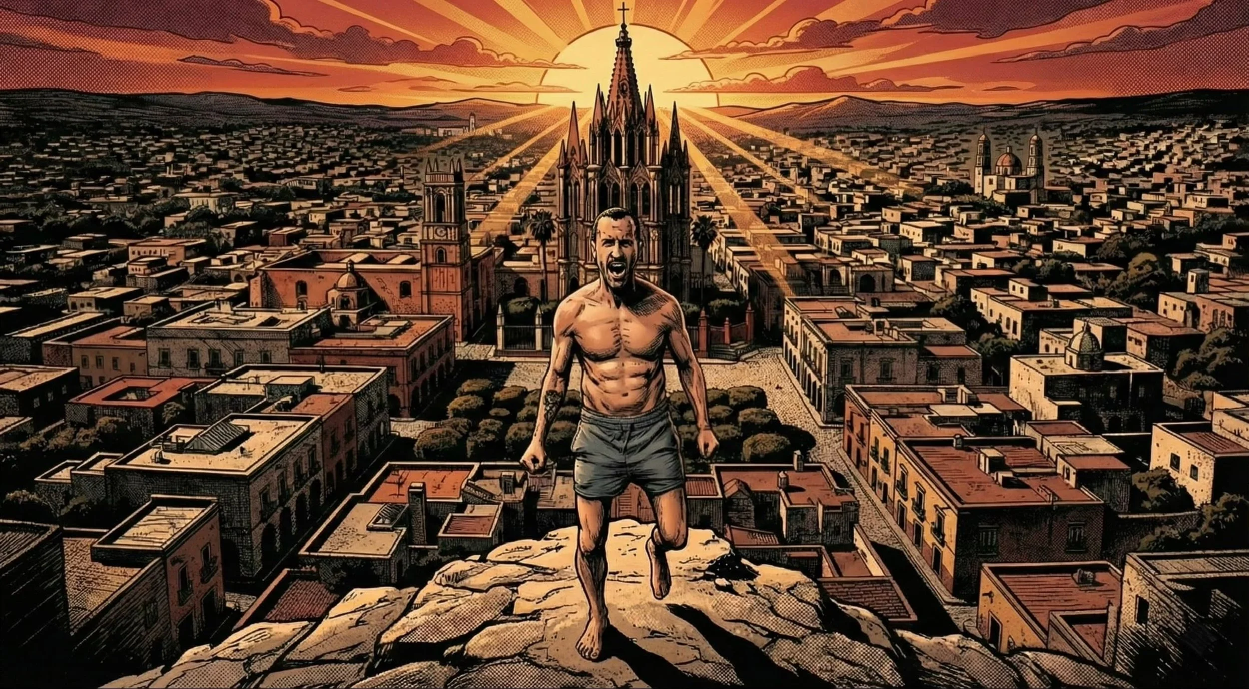 High-contrast graphic novel illustration of a strong man. Cover art for Mark Saint Physical Sovereignty Mentorship and private personal training in San Miguel de Allende
