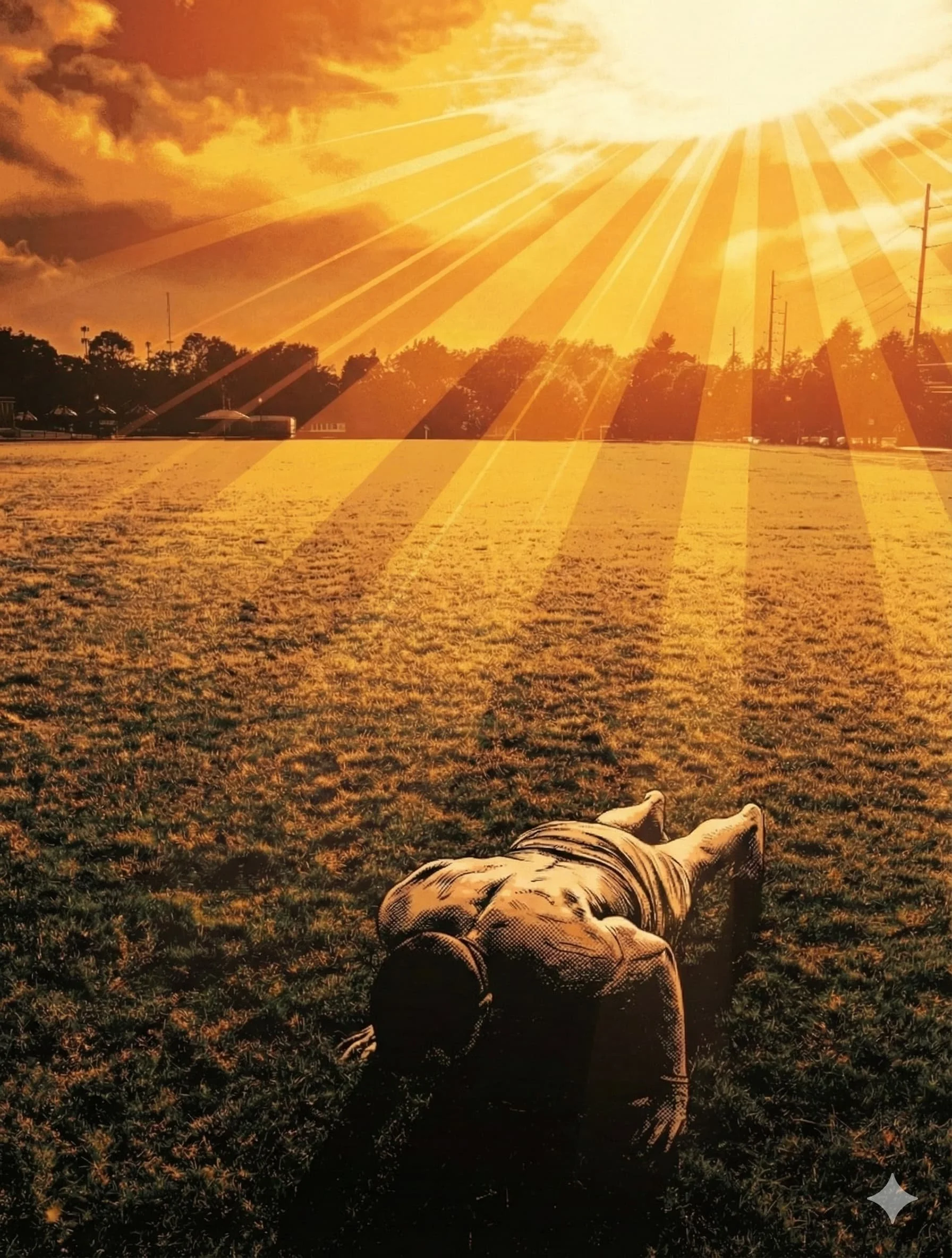Illustration of a man performing a plank in a sunlit field. Somatic structural integrity training and men's fitness protocols in San Miguel de Allende