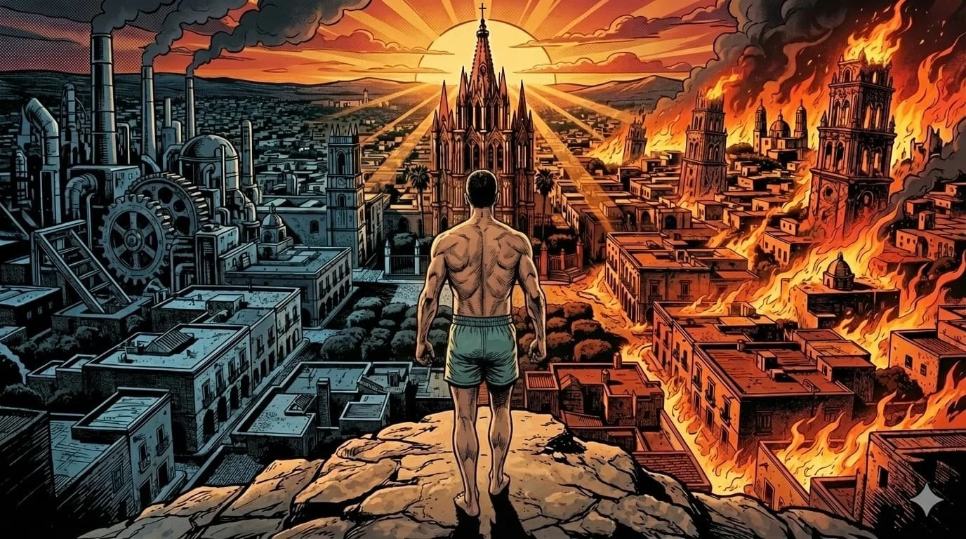 Mark Saint standing in the Middle Path between Ahrimanic materialism and Luciferic abstraction, with the Parroquia of San Miguel de Allende in the background.