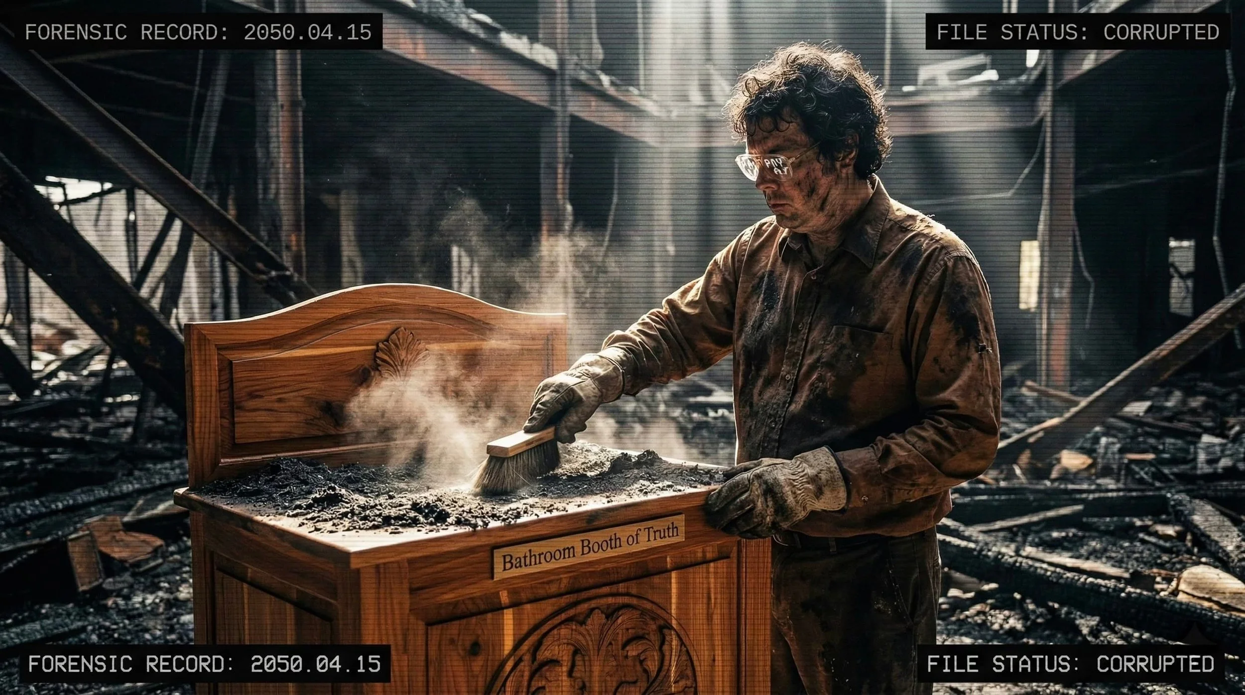 The Archivist brushing ash off the Bathroom Booth of Truth in the Ozark territories, representing the recovery of Mark Saint’s sovereign dispatches from the ruins of a technocratic hellscape.