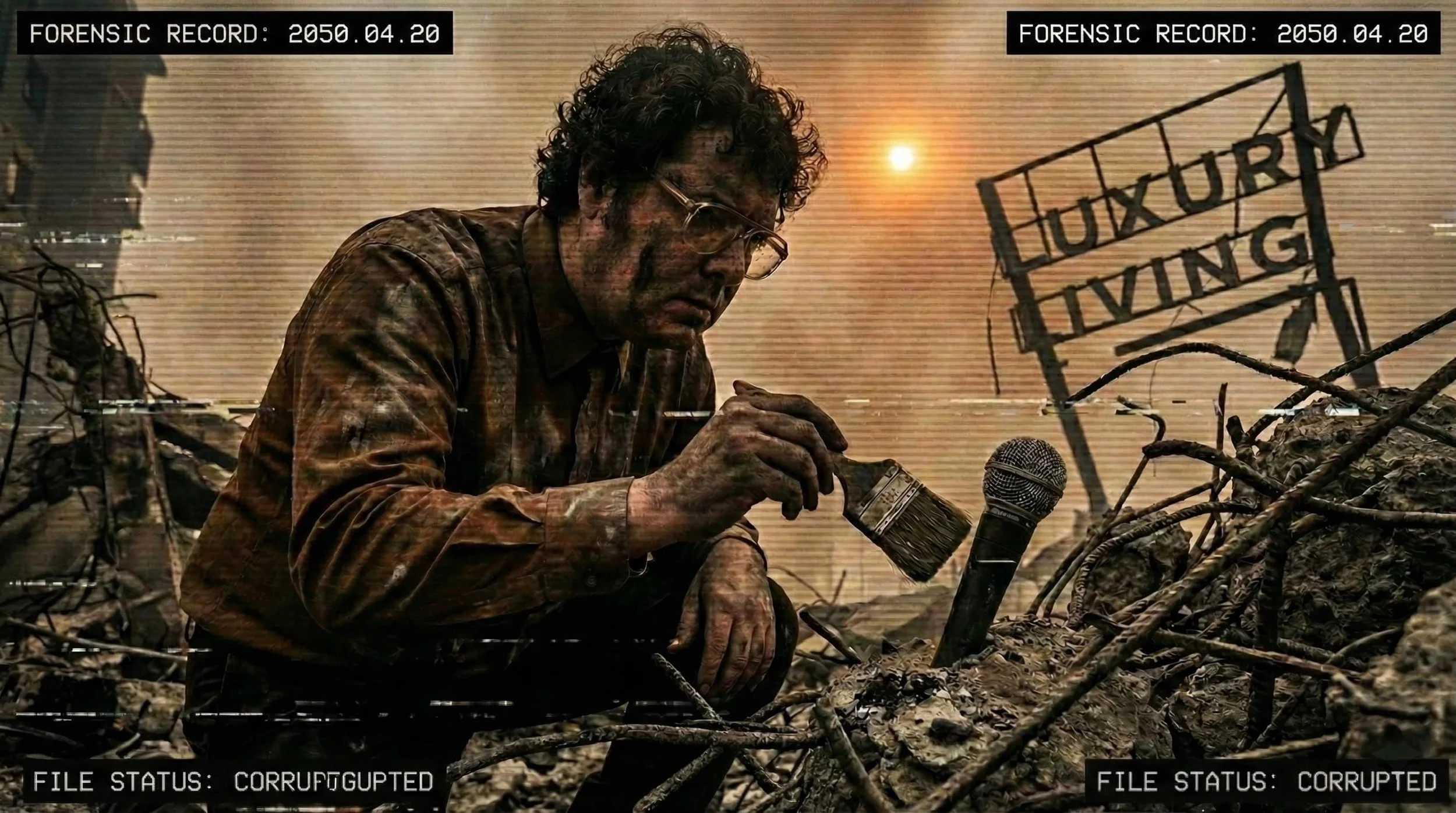 The Archivist uncovering a microphone amidst the "Luxury Living" rubble of Northwest Arkansas, symbolizing the search for decrypted field notes on eluding the digitized tentacles of the Borg.