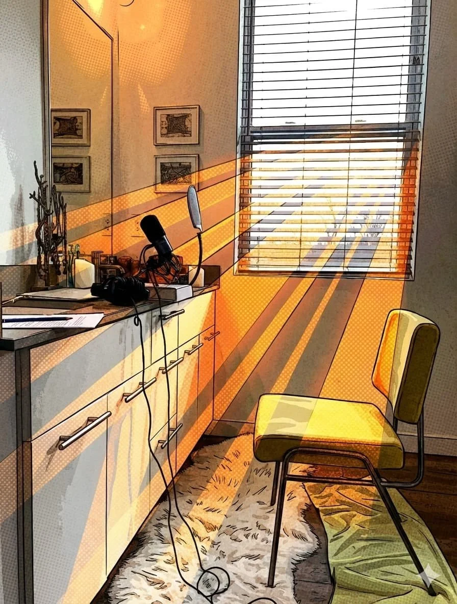 Mark Saint's bathroom recording studio with golden sunlight, where the Chronic Conundrum podcast provides a weekly dose of sanity.