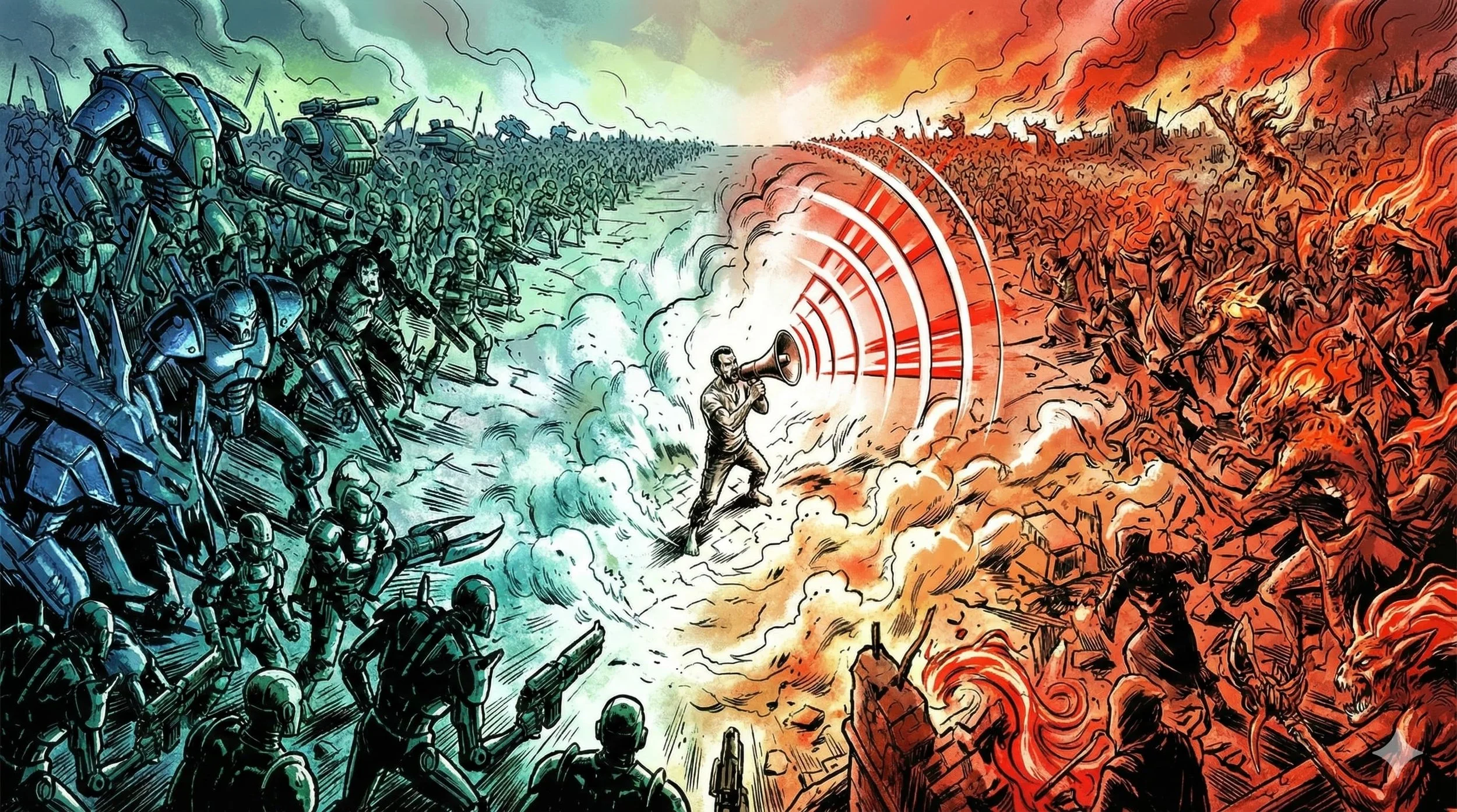 Mark Saint standing as a conscientious objector between the cybernetic Borg and chaotic destruction, illustrating the Chronic Conundrum philosophy.