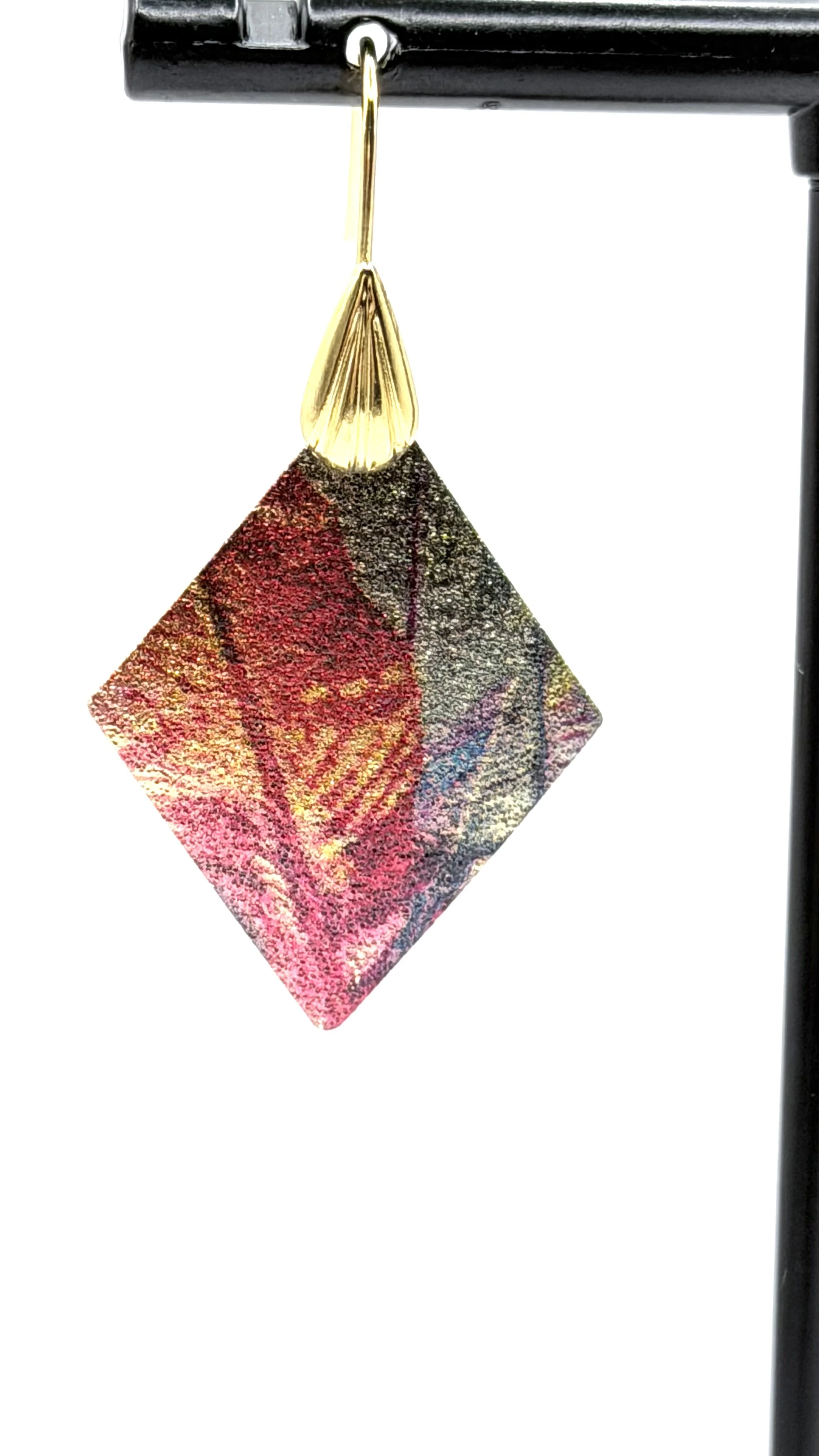 Earrings, Curved Diamond Shape, Palm Leaf Etched Detail